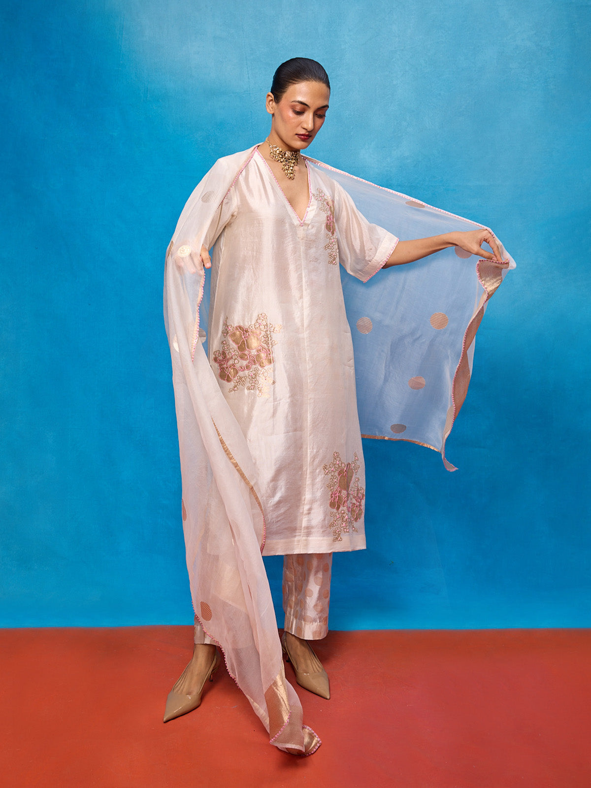 Handwoven Off-white Silk Banarasi Suit Set