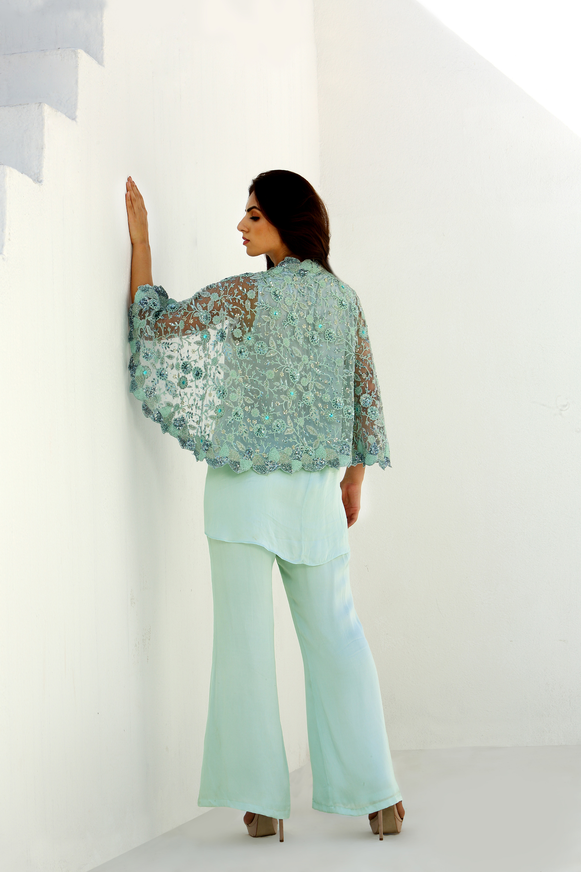 Celeste- Embroidered Cape Shirt Pant Set