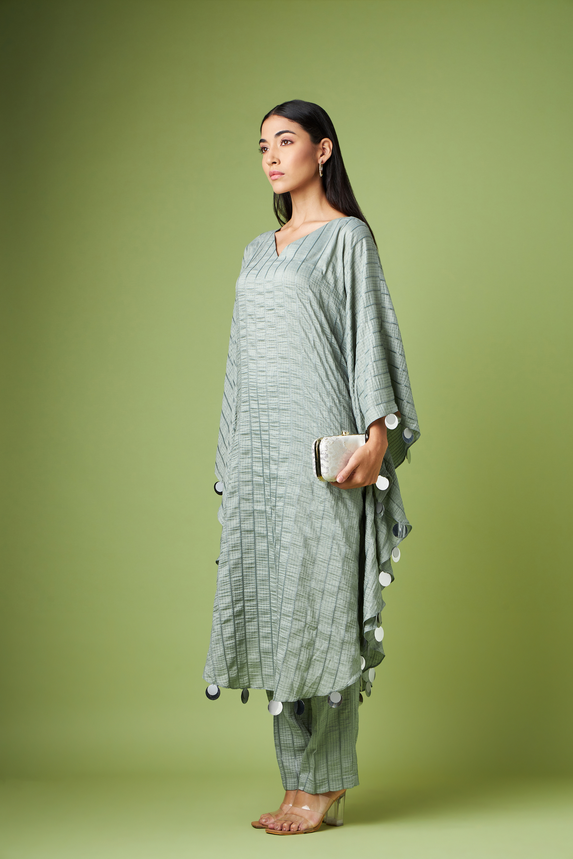 Kaftan Set In Cotton Silk Jaquard With Coin Embellishment