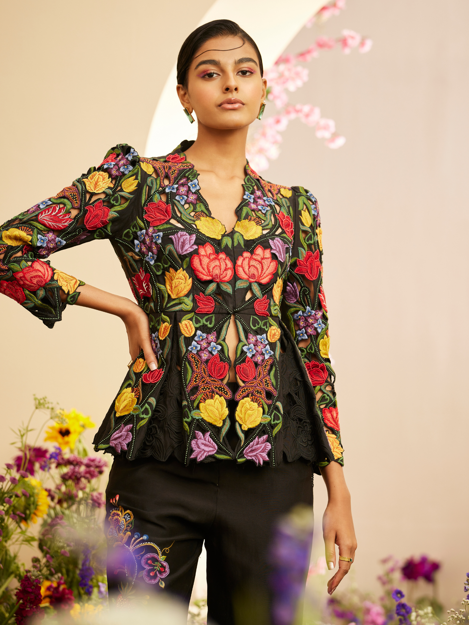 Black Embroidered And Cutwork Jacket