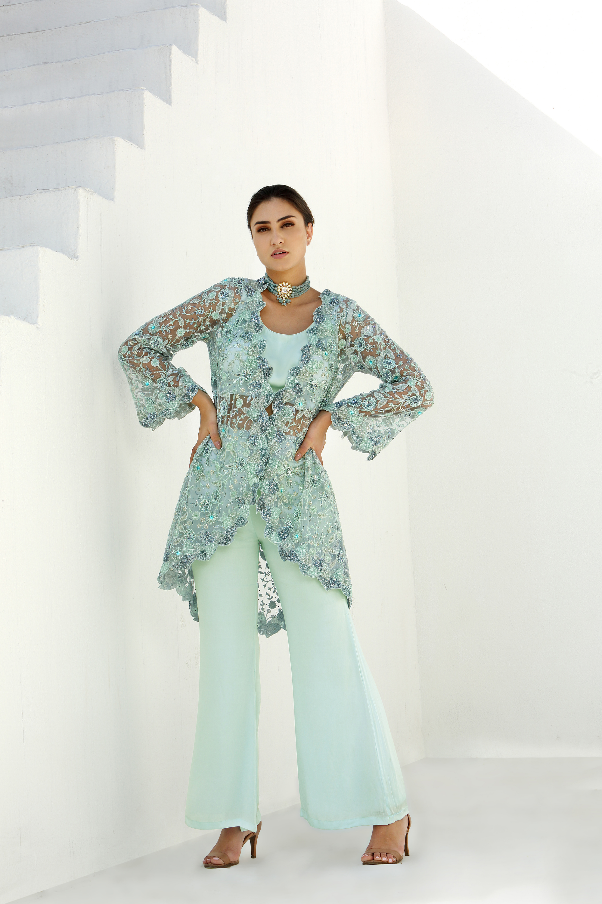 Buy Mint Green Floral Beaded Long Jacket With Silk Inner & Boot Cut Pants,  Elan Inspired Hand Embroidered Dress Online in India - Etsy