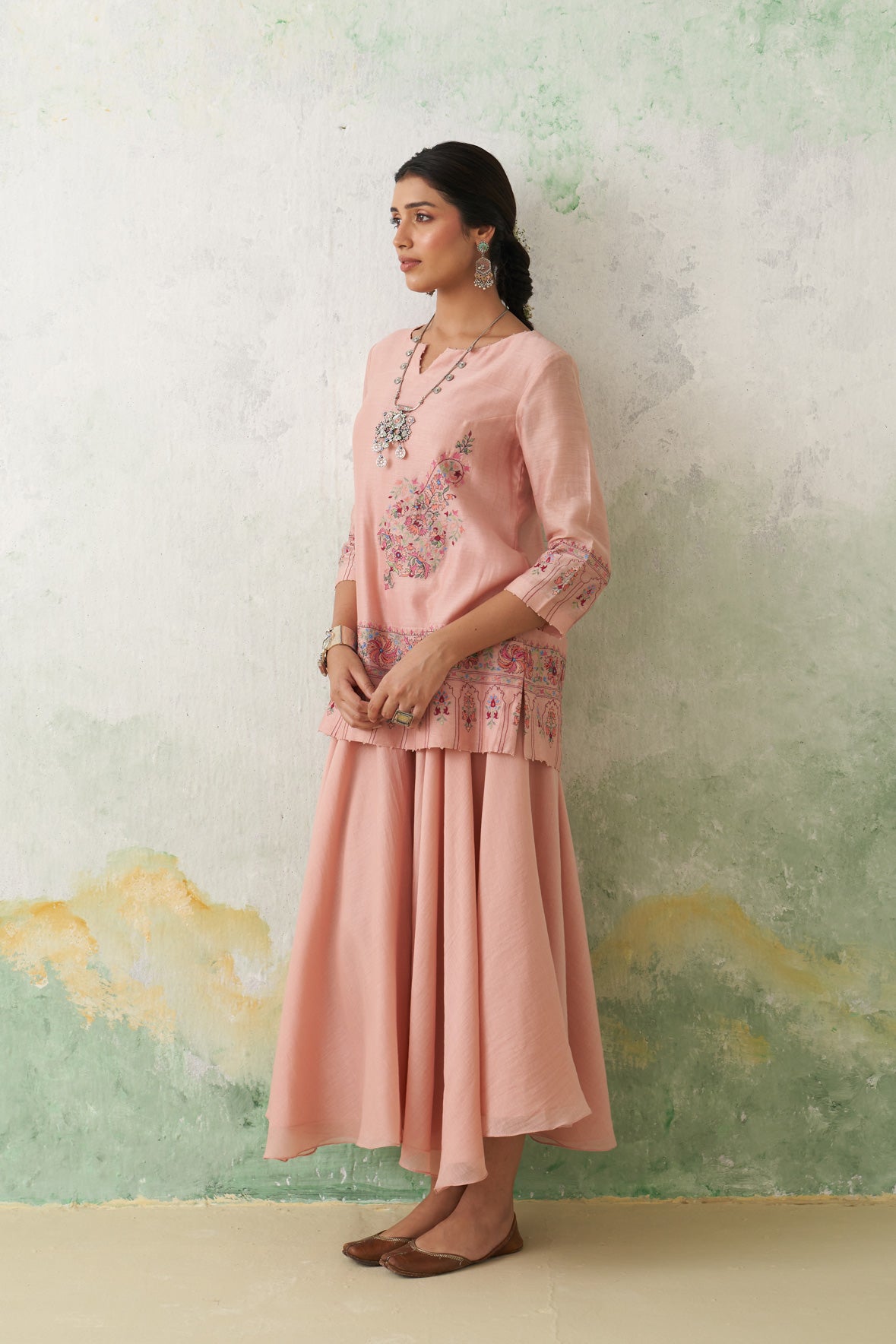 Soft Pink Chanderi Kashmiri Emb. Short Kurta