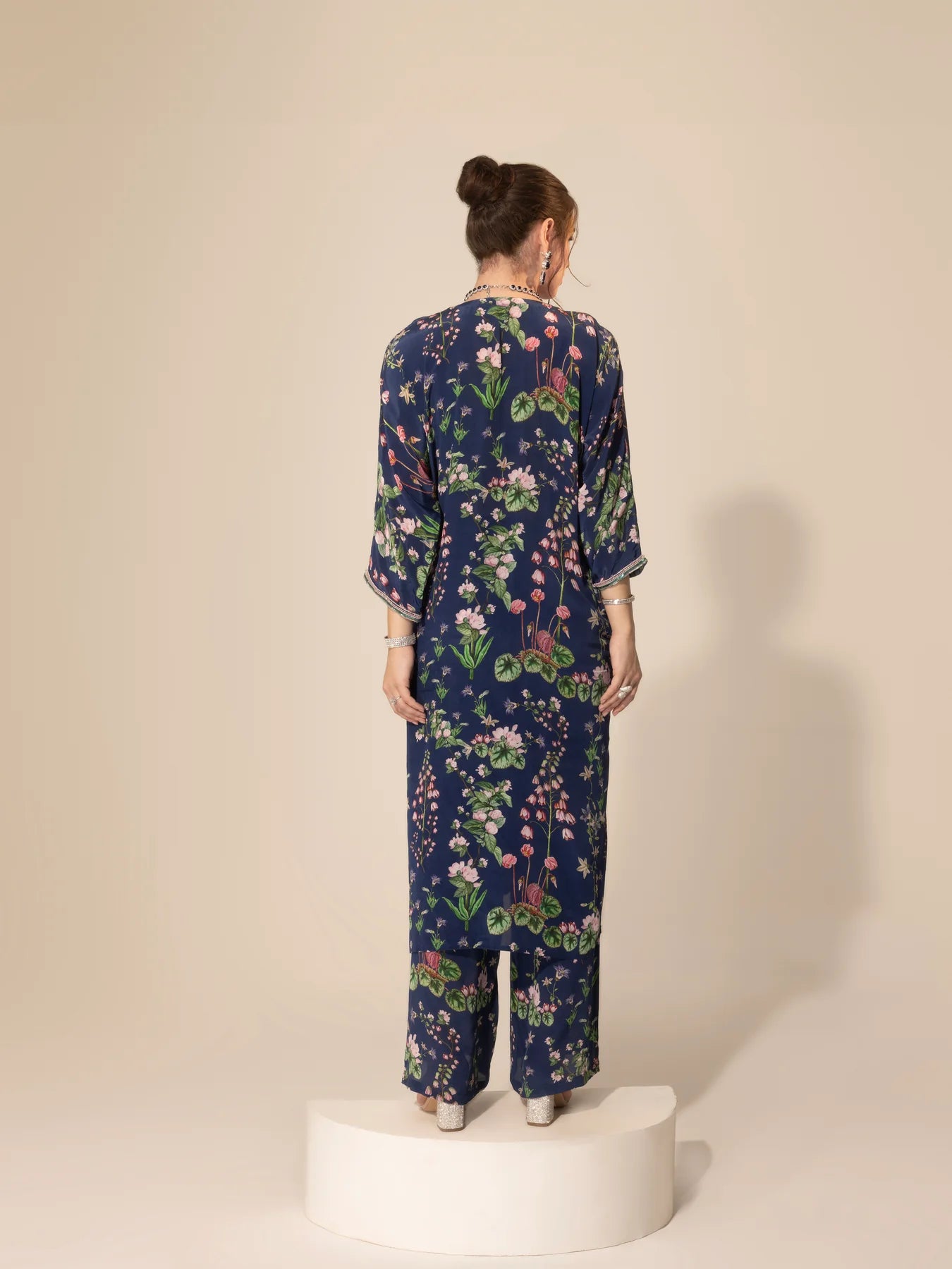 Navy Blue Botanical Drawstring Kaftan & Pants Set