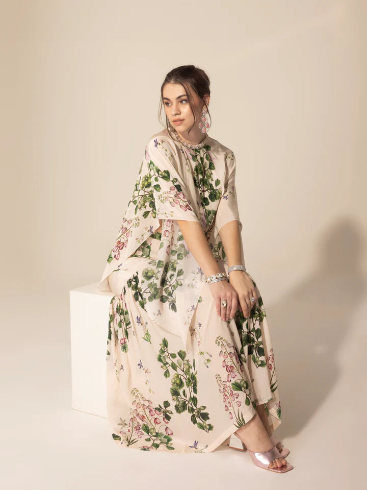 Ivory Botanical Asymmetric Top & Sharara Pants