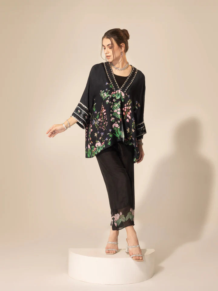 Black Botanical Printed Short Kaftan & Ankle Pants Set