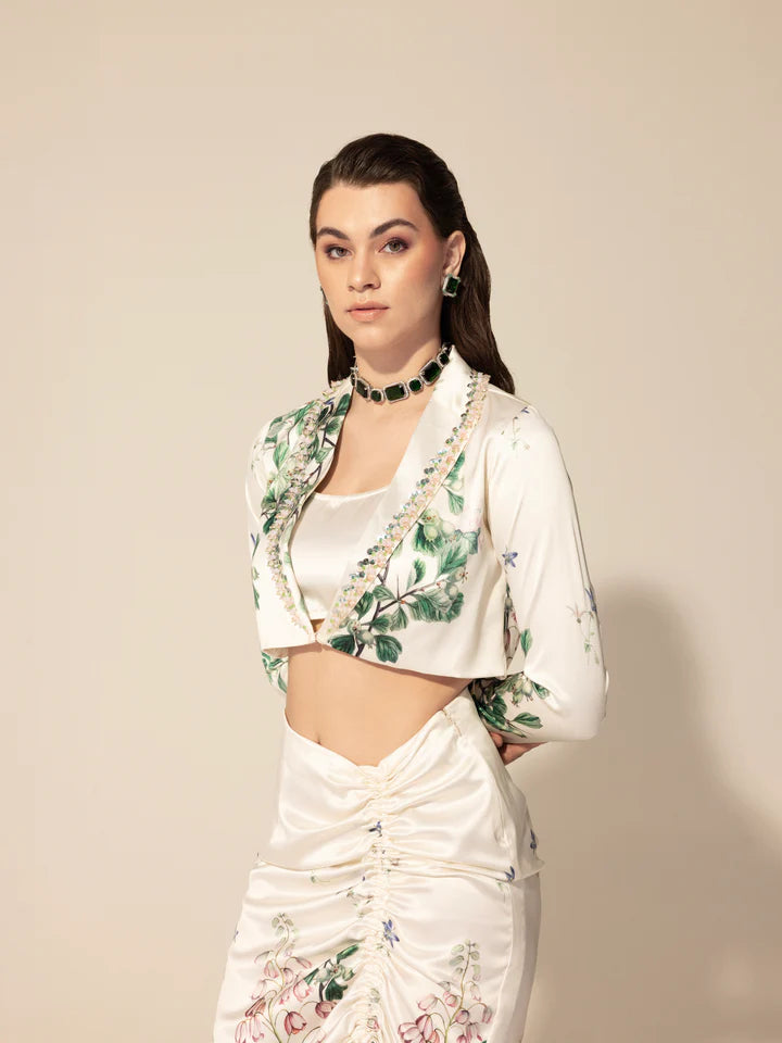 Off - White Botanical Cropped Blazer & Drawstring Skirt