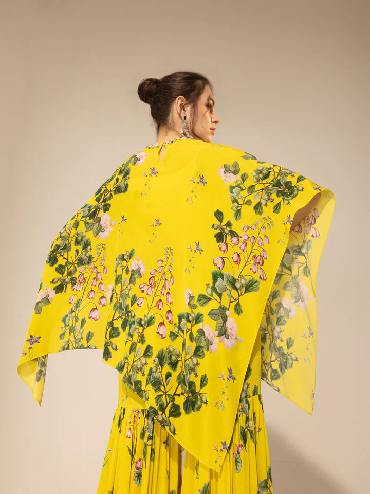 Yellow Botanical Asymmetric Top & Sharara Pants