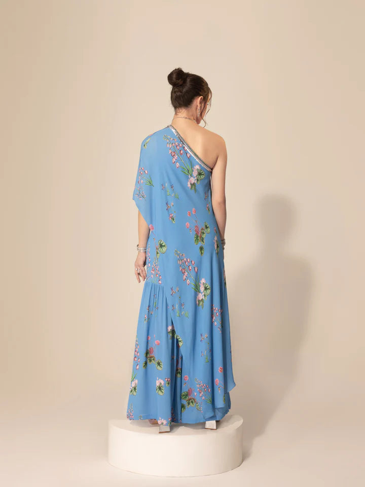 Light Blue Asymmetrical One Shoulder Tunic & Sharara Pants