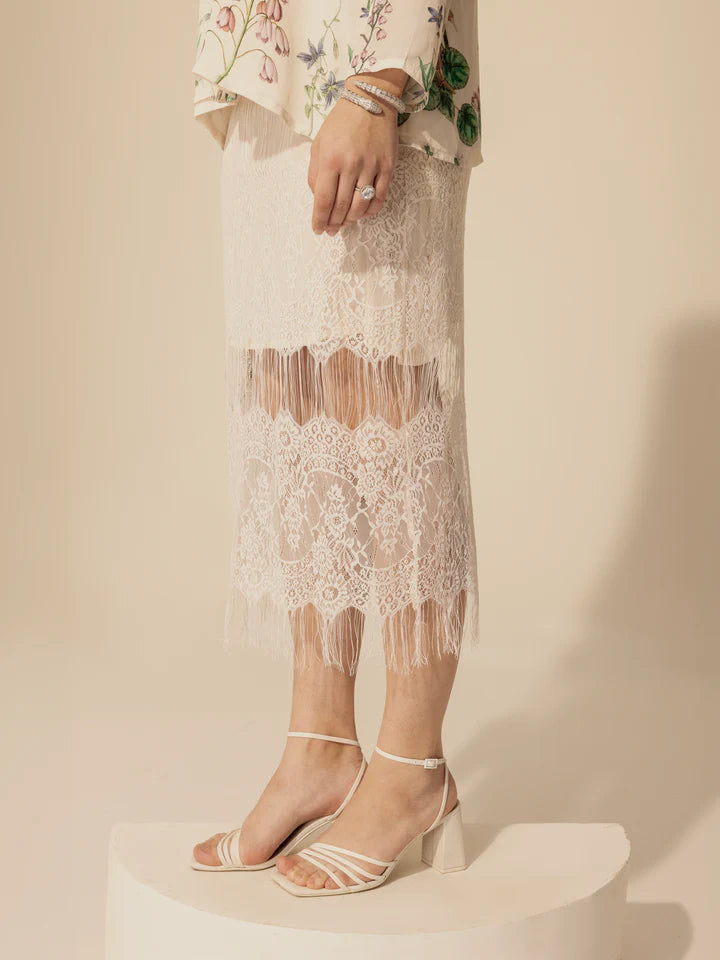 Ivory Botanical Printed Shirt & Chantilly Lace Skirt Set