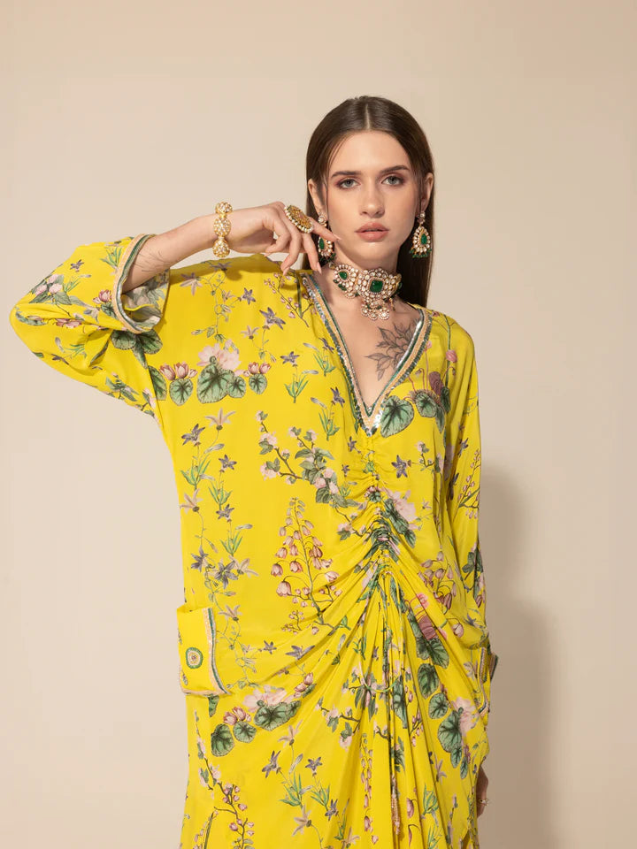 Yellow Botanical Drawstring Kaftan & Pants Set