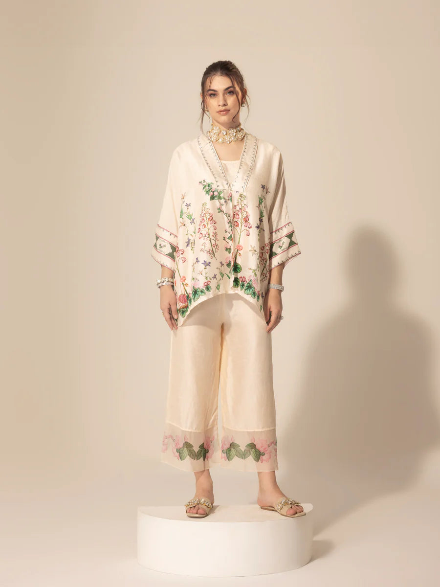 Ivory Botanical Printed Shirt Kaftan & Ankle Pants Set