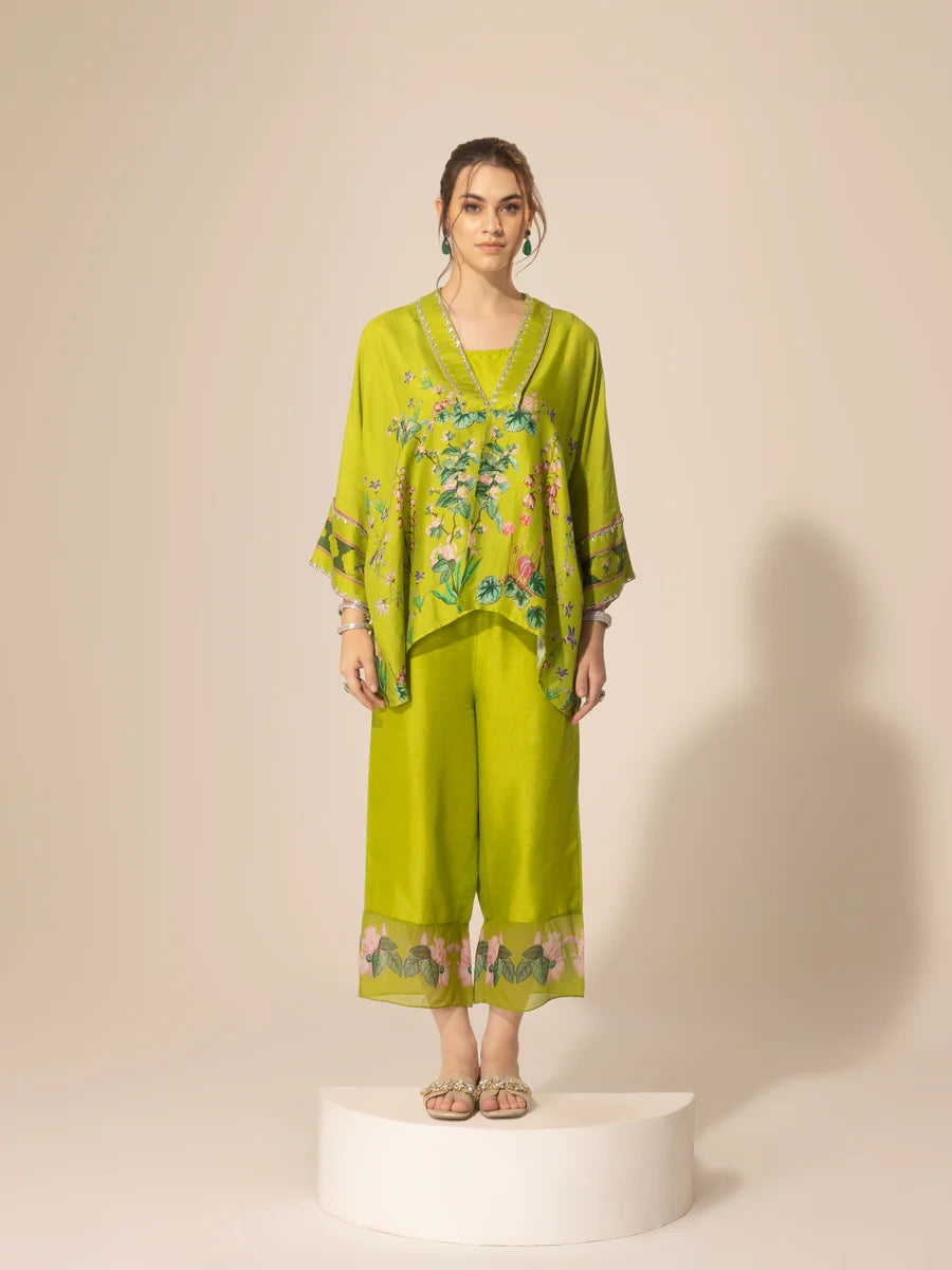 Lime Green Botanical Short Kaftan & Ankle Pants Set