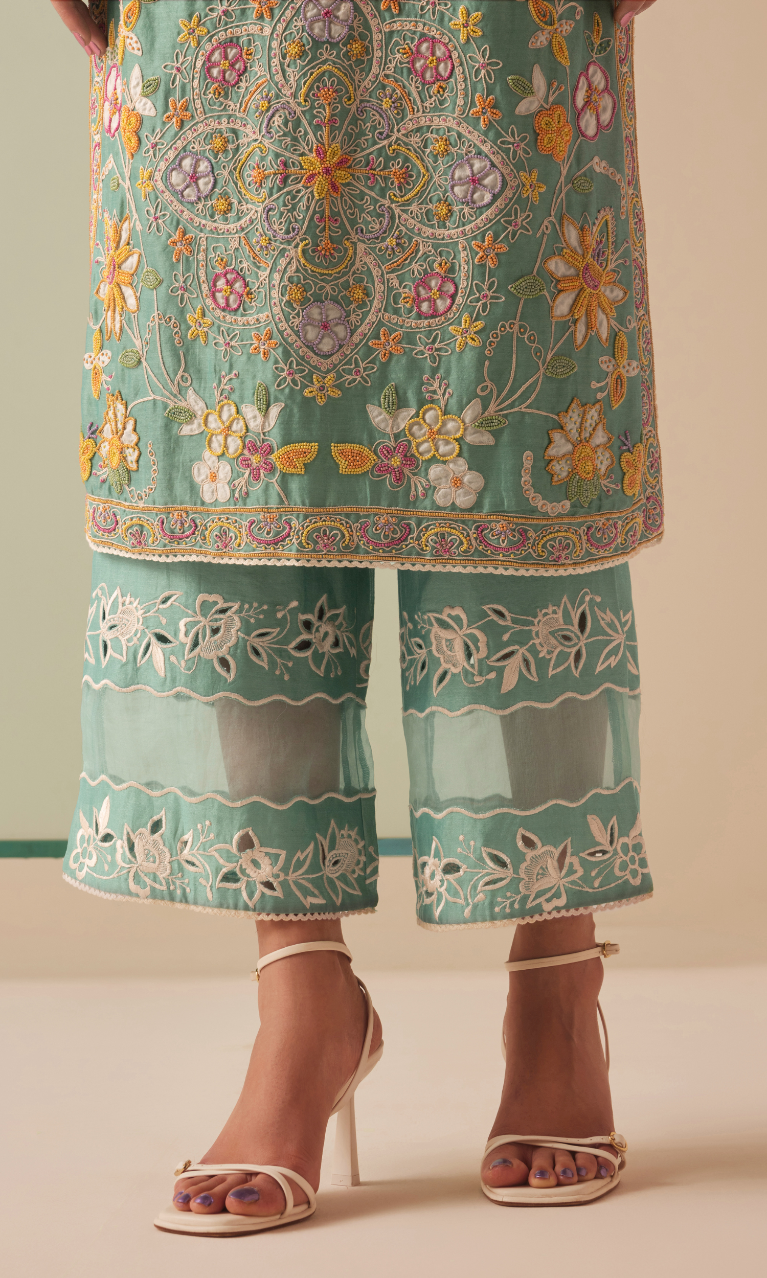 Aqua contrast embroidered kurta with cutwork pants