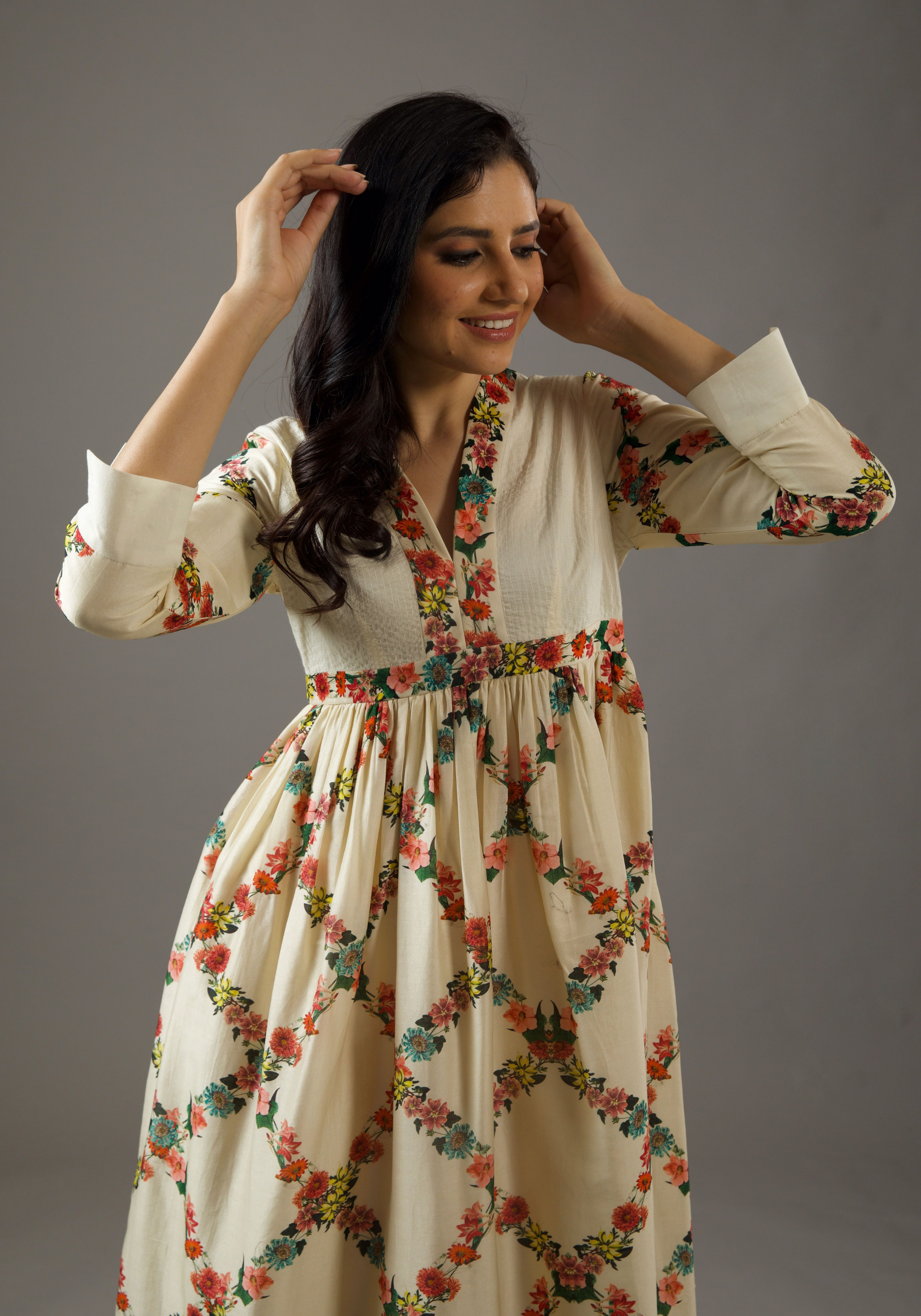 Chanderi Silk Dress With Overall Print