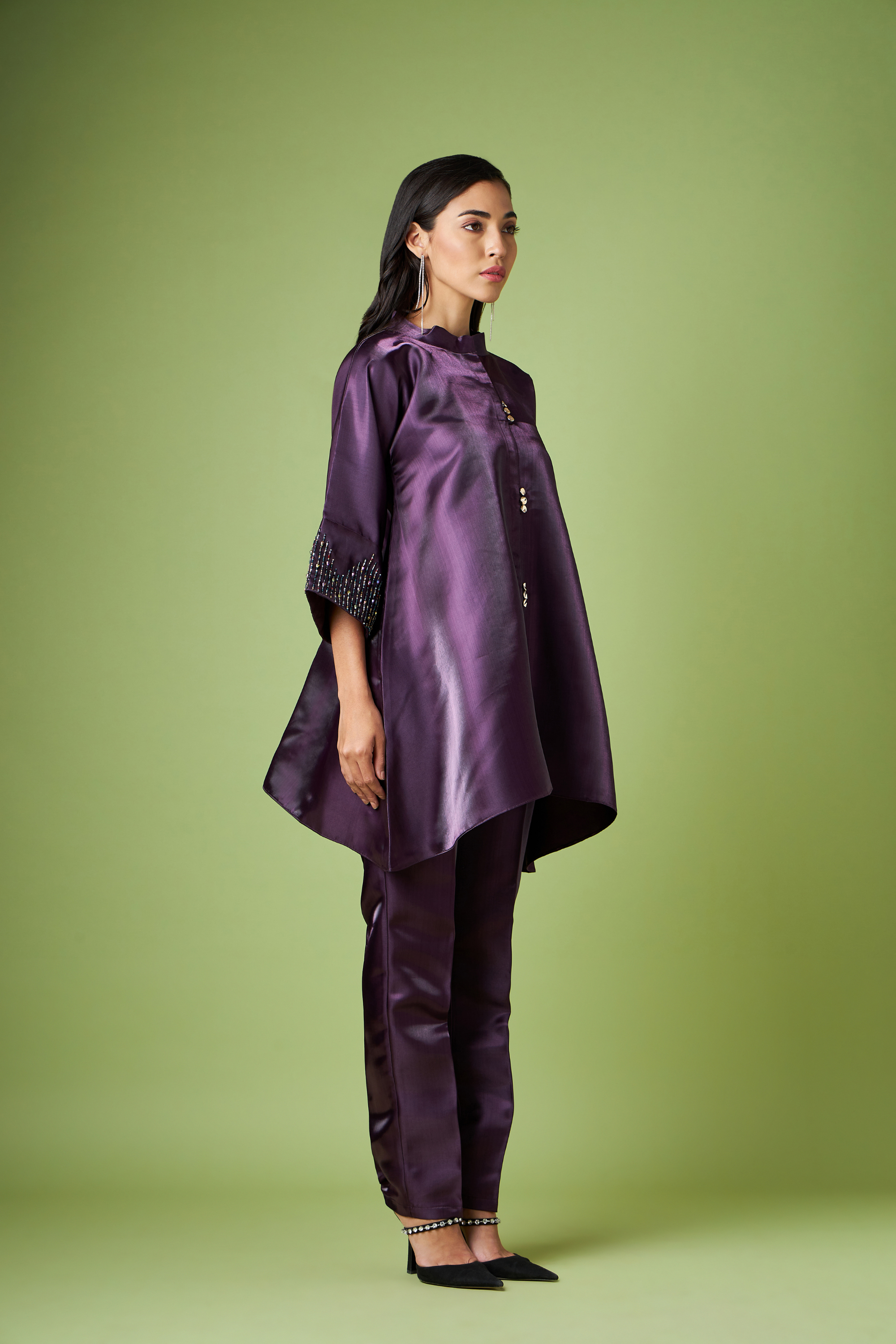 Kimono Kaftan Metallic Cord Set With Crystal Cuff Embellishment