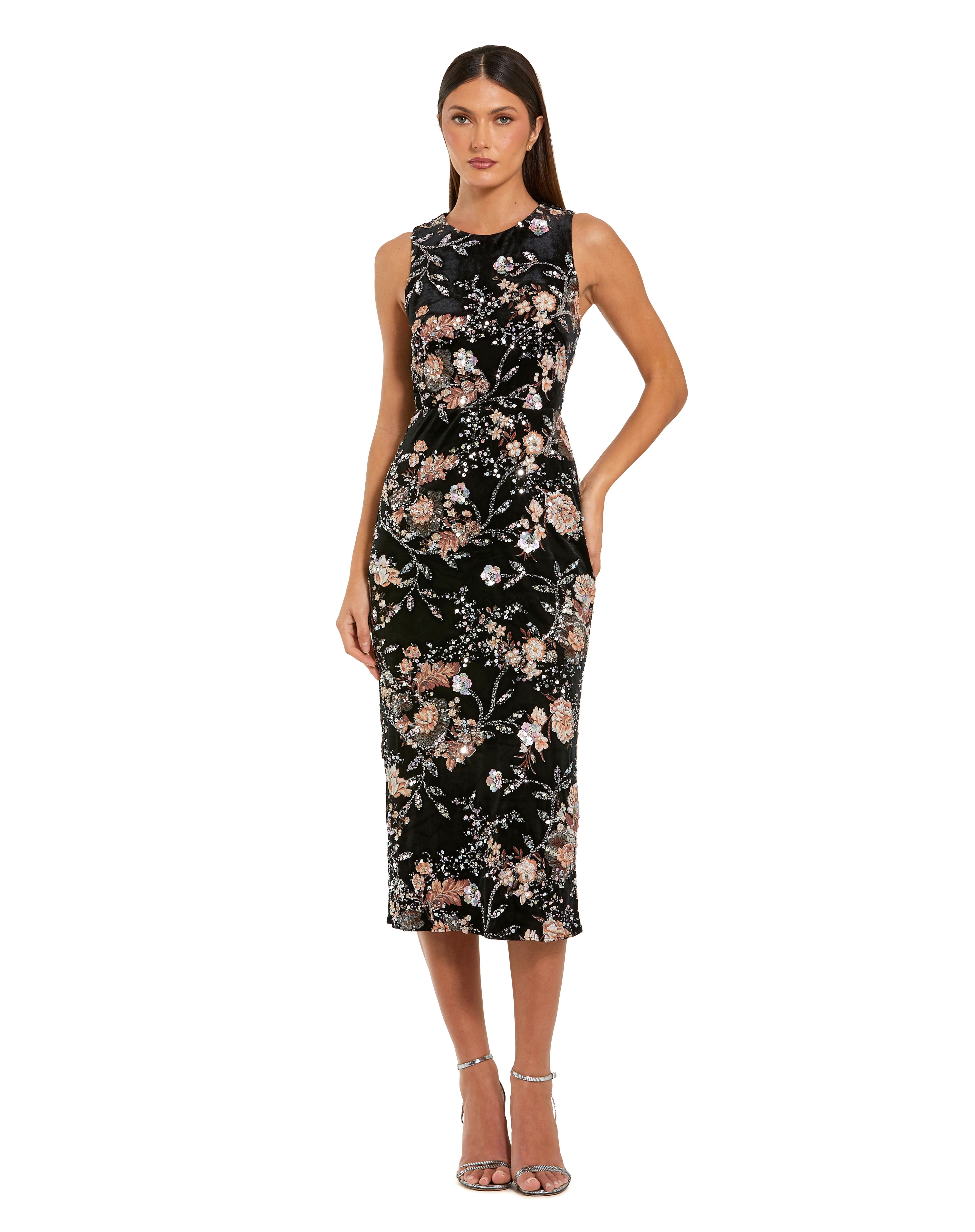 Black Velvet High Neck Sequined Midi Dress