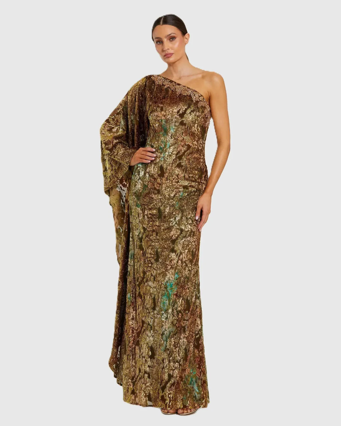 Gold One Shoulder Metallic Burnout Velvet Evening Gown