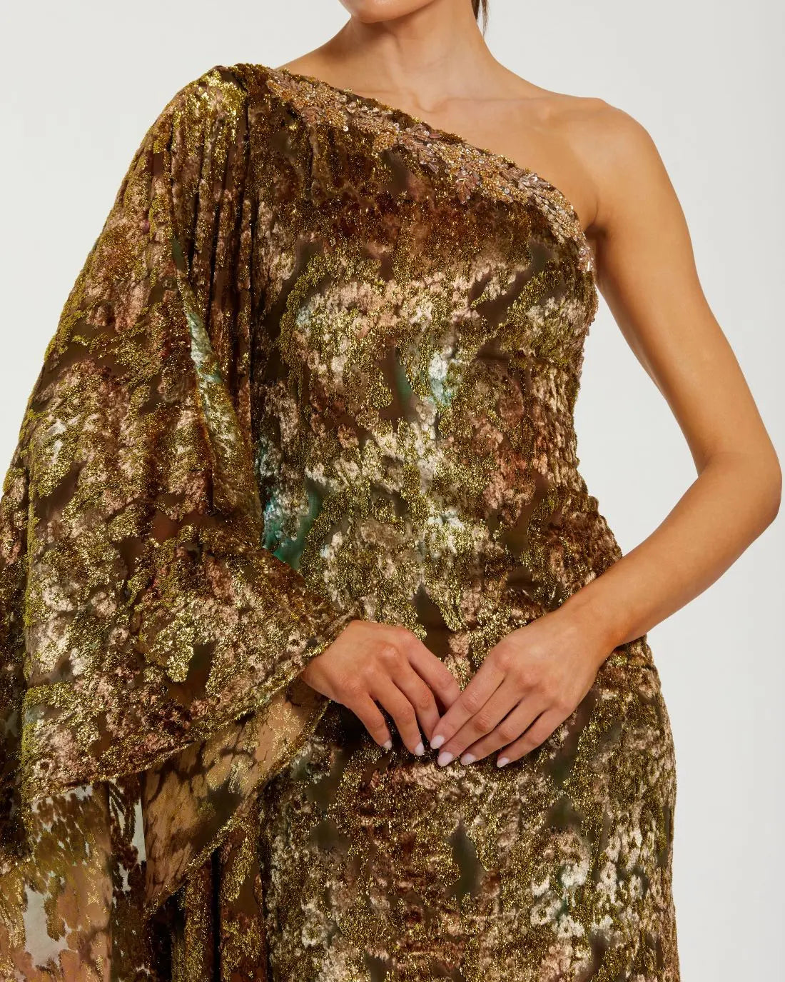 Gold One Shoulder Metallic Burnout Velvet Evening Gown