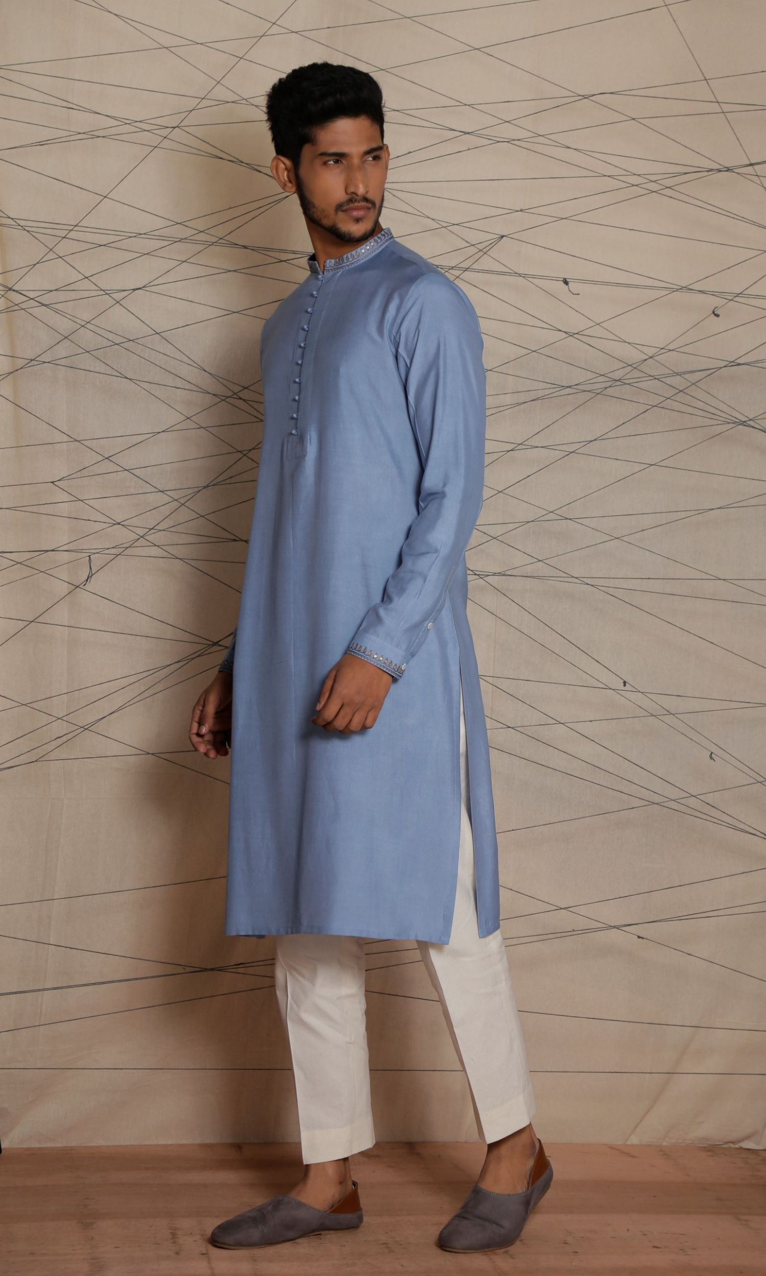Powder blue kurta with potli buttons and emb detail on collar and cuffs