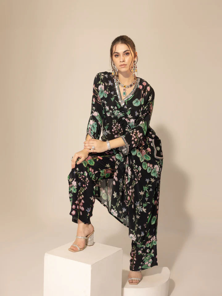 Black Botanical Drawstring Kaftan & Pants Set