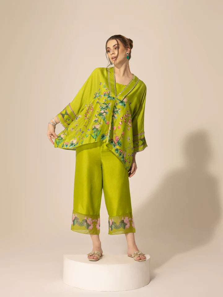 Lime Green Botanical Short Kaftan & Ankle Pants Set