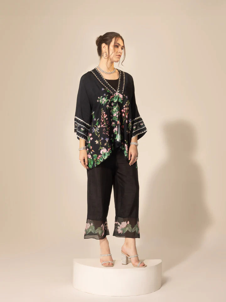 Black Botanical Printed Short Kaftan & Ankle Pants Set