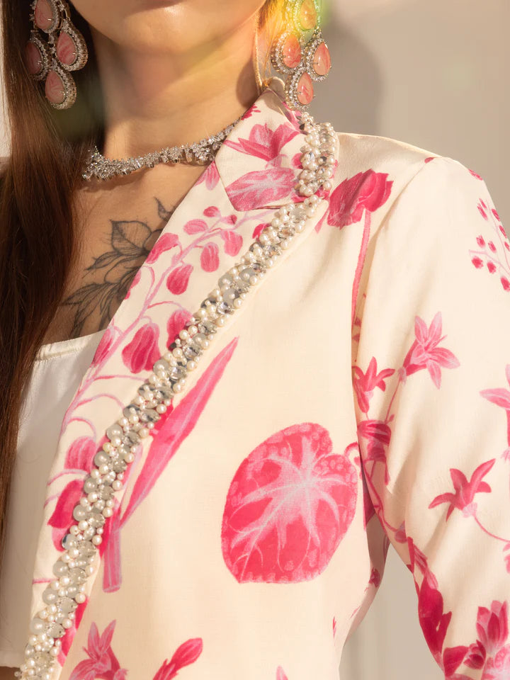 Ivory & Pink  Botanical Printed Blazer & Sharara