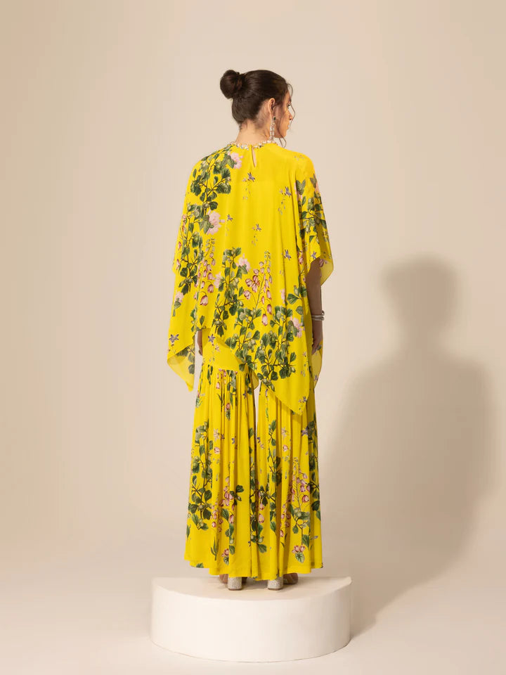 Yellow Botanical Asymmetric Top & Sharara Pants