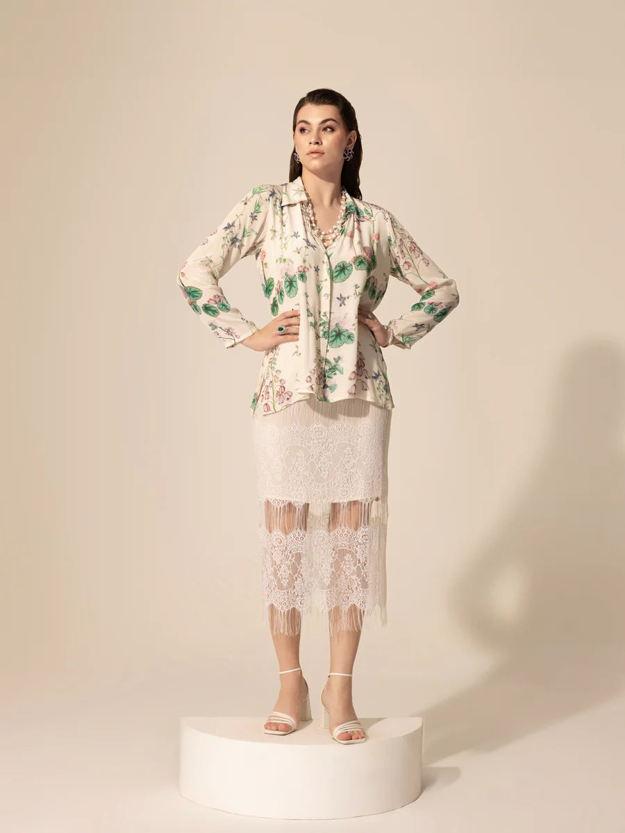 Ivory Botanical Printed Shirt & Chantilly Lace Skirt Set