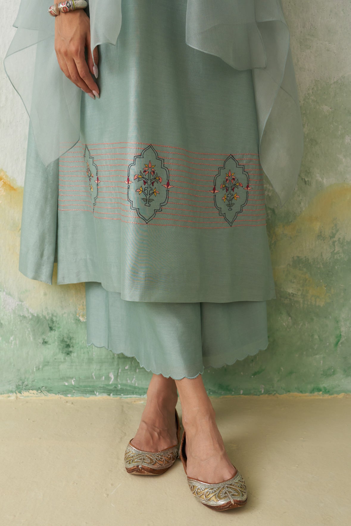 Aqua Chanderi Kashmiri Emb. Kurta Set