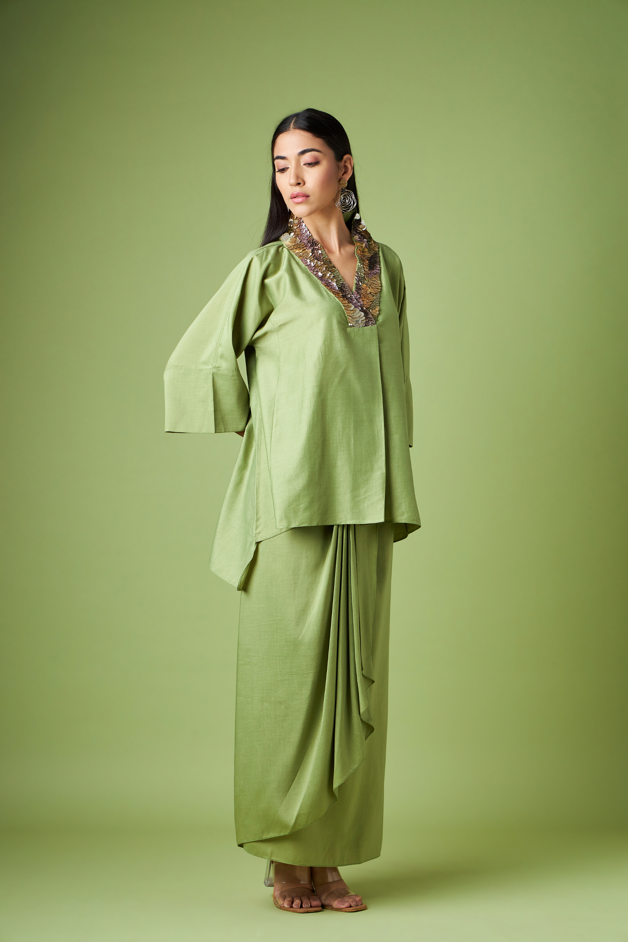 Green Kimono Kaftan Skirt Co-Ord Set With Metallic Neck Embellishment