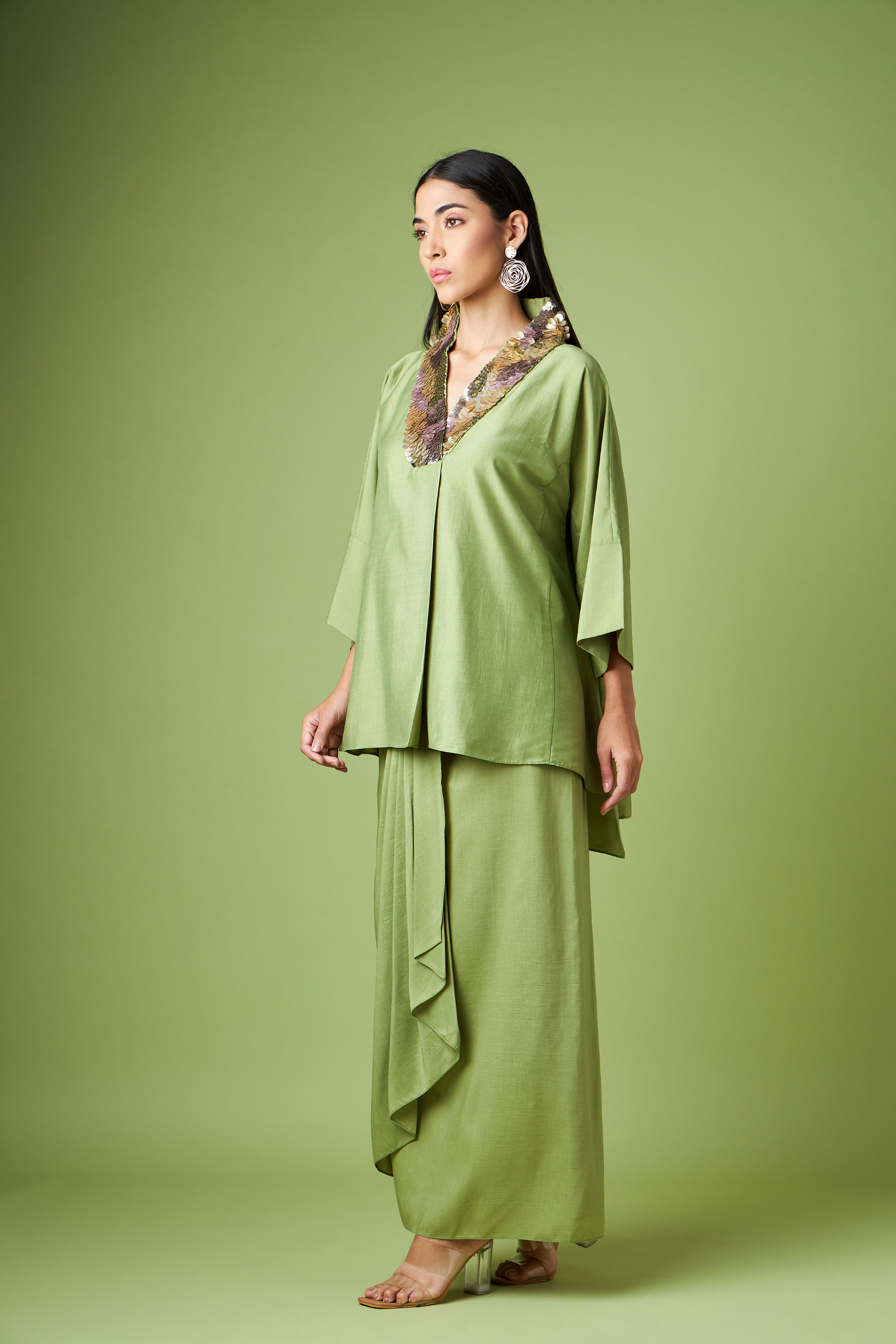 Green Kimono Kaftan Skirt Co-Ord Set With Metallic Neck Embellishment