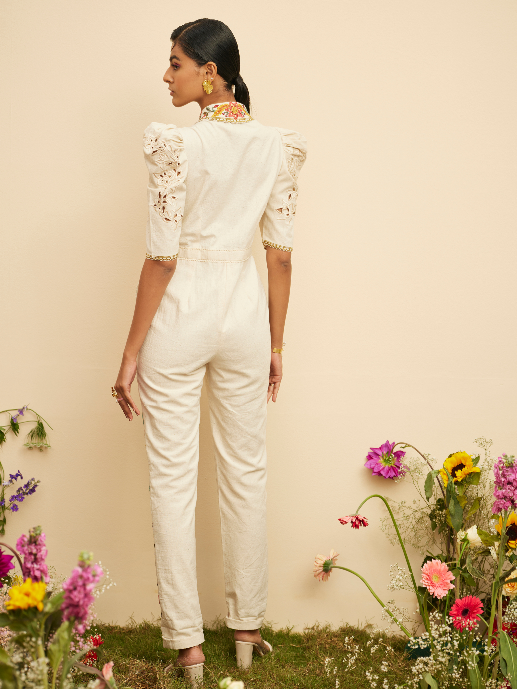 Ivory Embroidered And Cutwork Jumpsuit