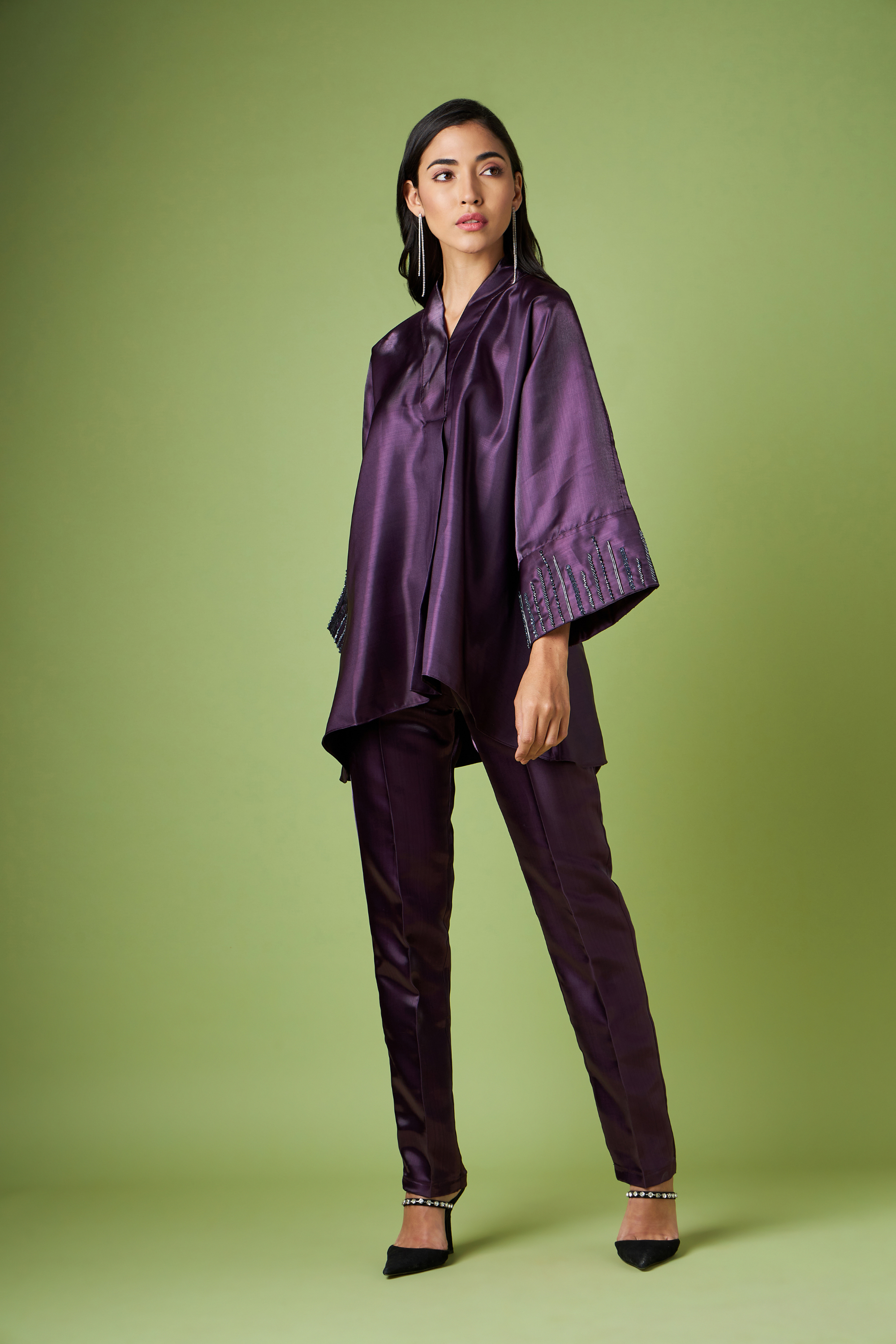 Kimono Kaftan Metallic Co-Ord Set With Crystal Cuff Embellishment