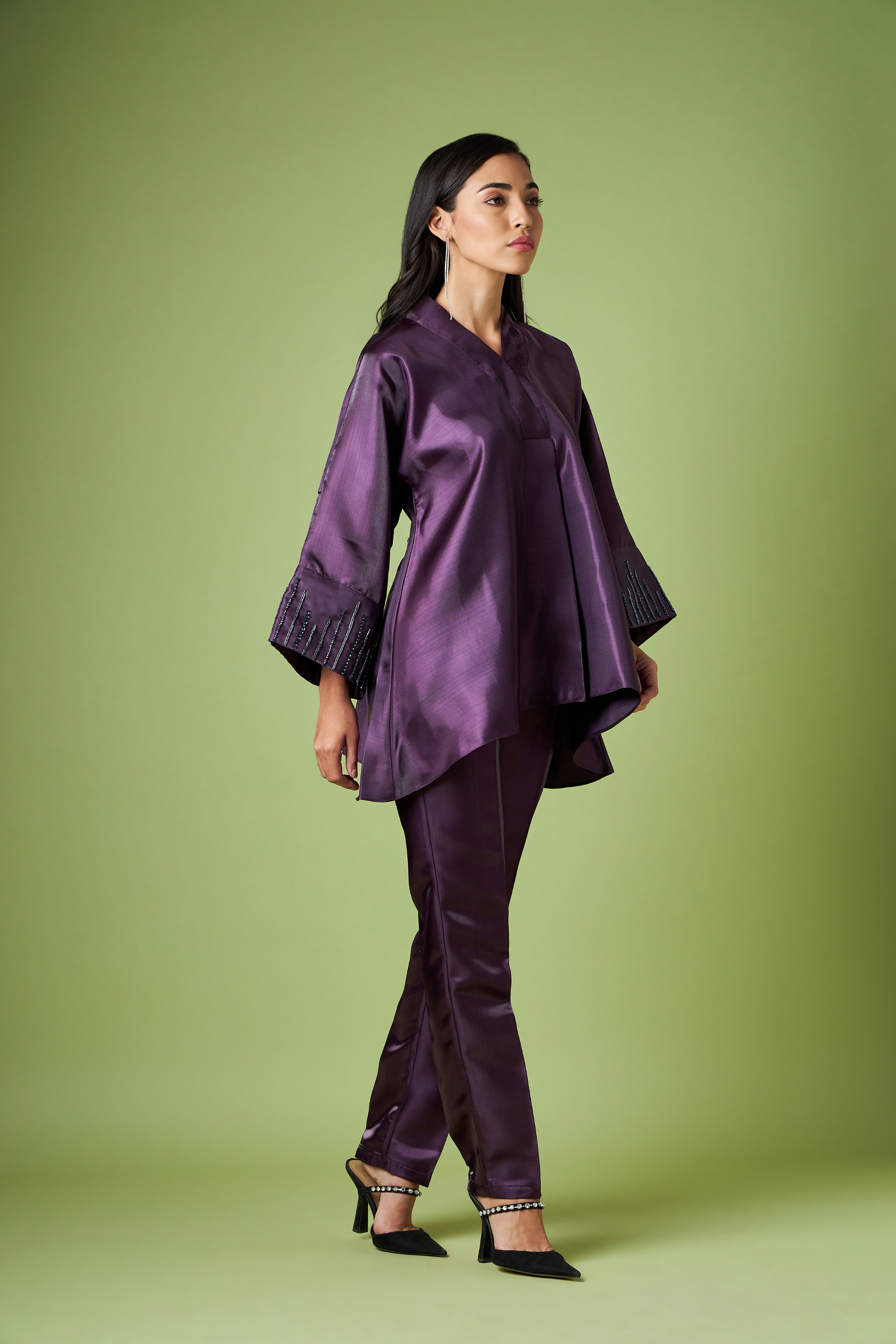 Kimono Kaftan Metallic Co-Ord Set With Crystal Cuff Embellishment