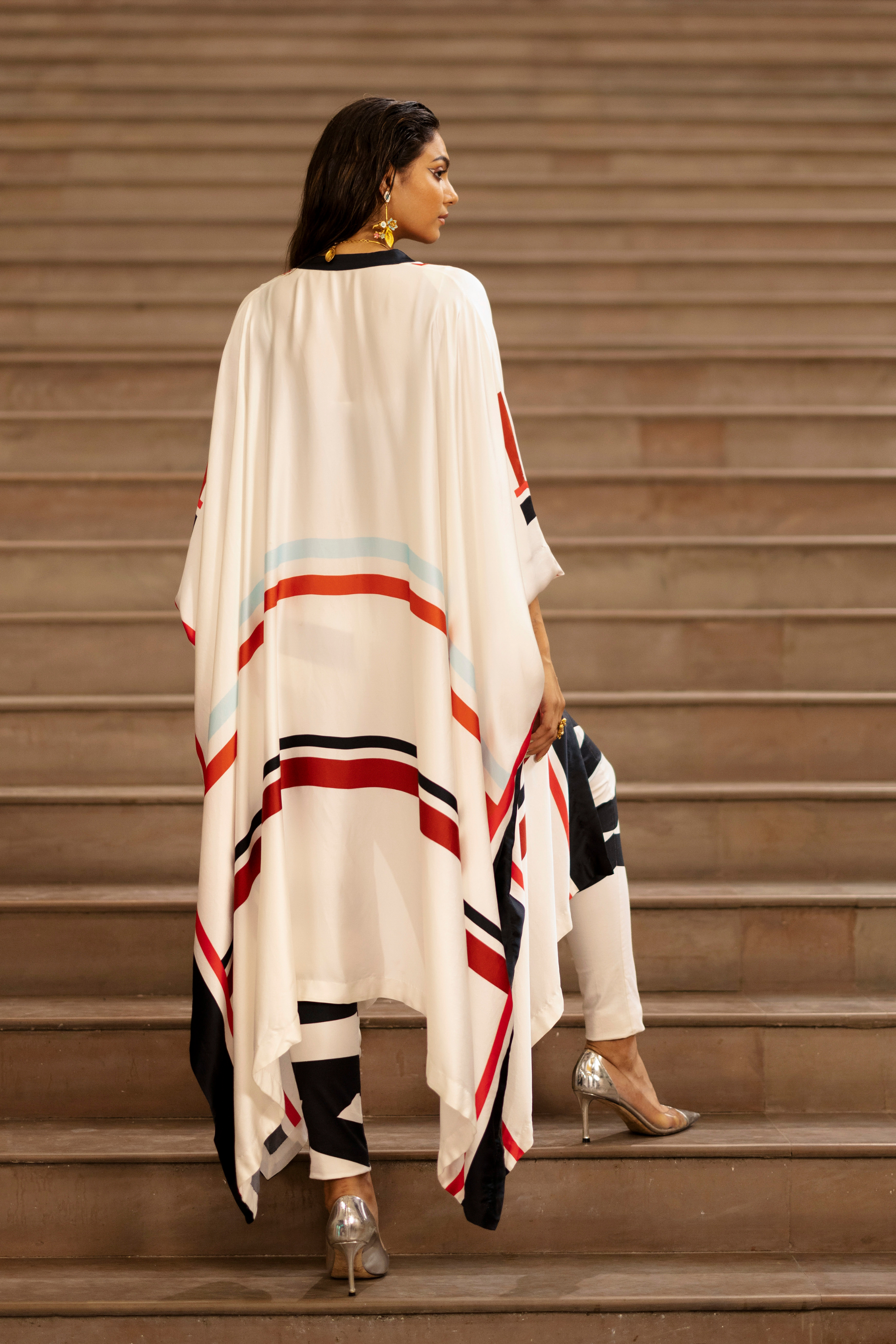 Striper Cape With Crop Top And Pants