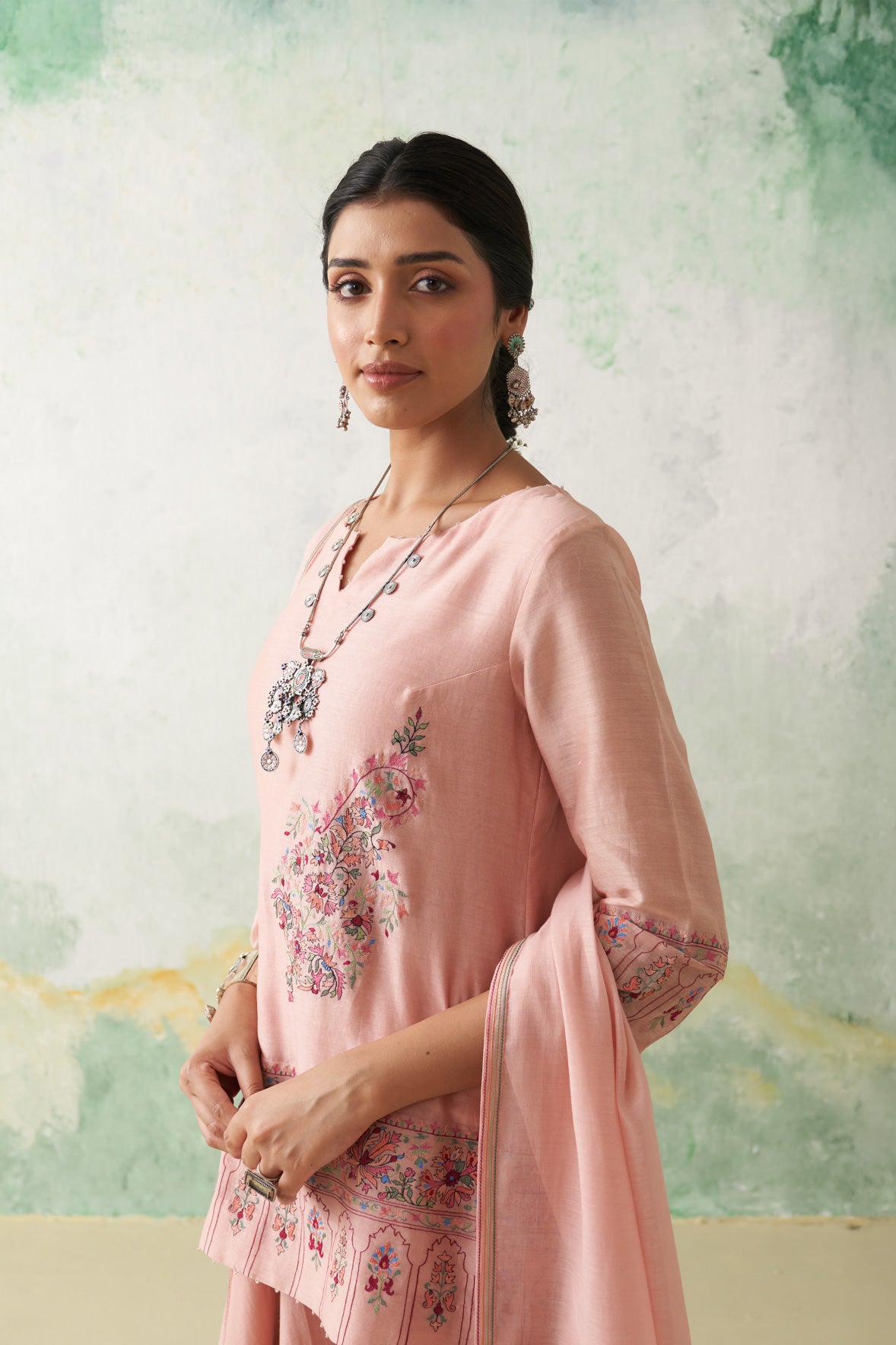 Soft Pink Chanderi Kashmiri Emb. Short Kurta