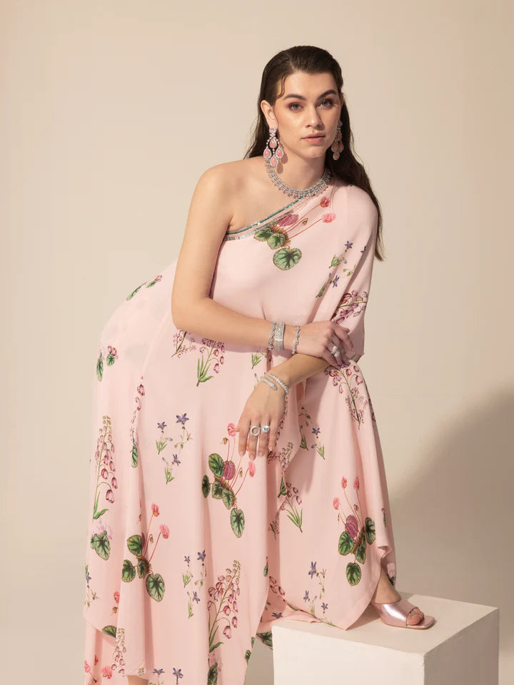 Blush Pink Asymmetrical One Shoulder Tunic & Sharara Pants