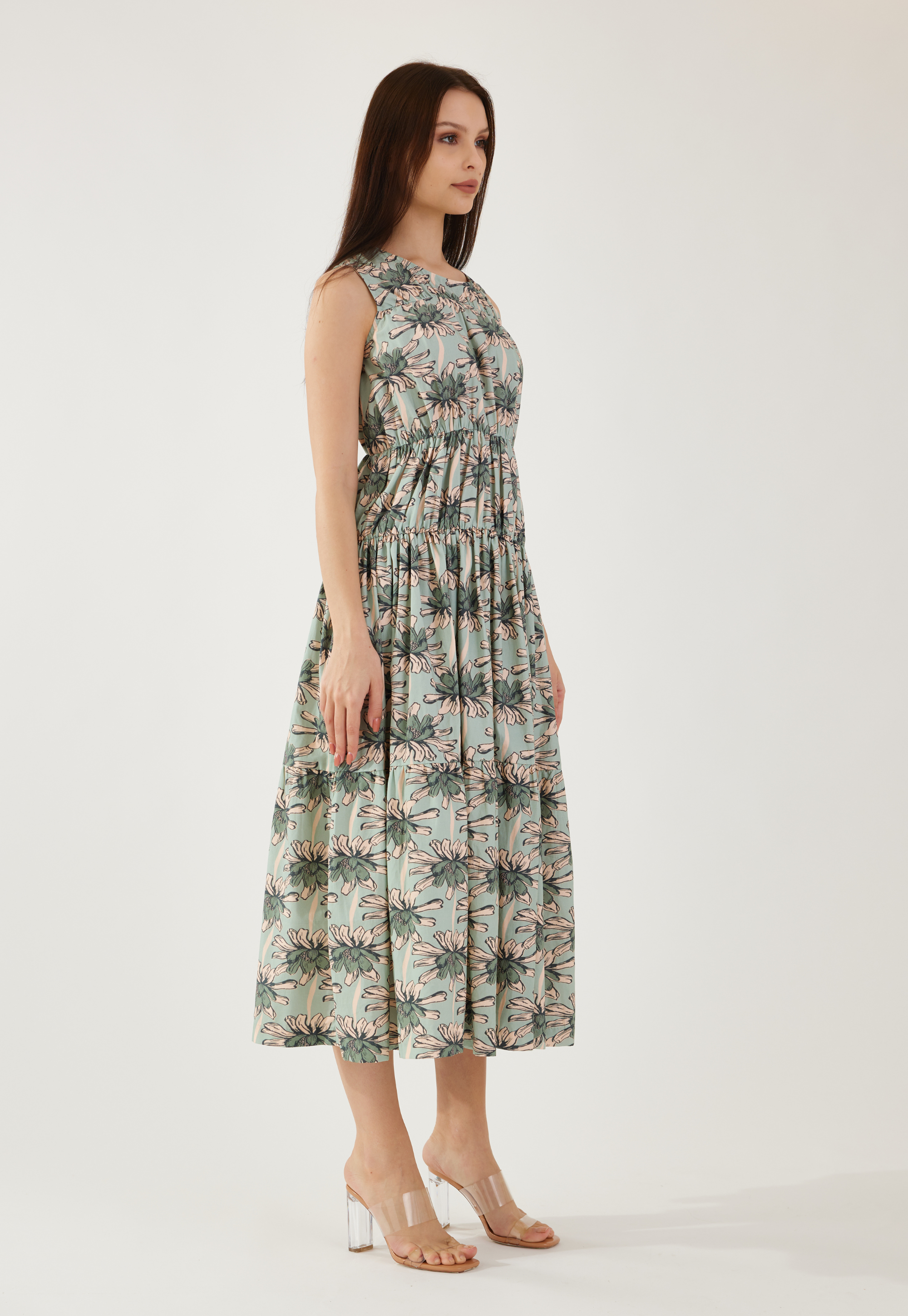 Olive and Green floral sleeveless midi dress