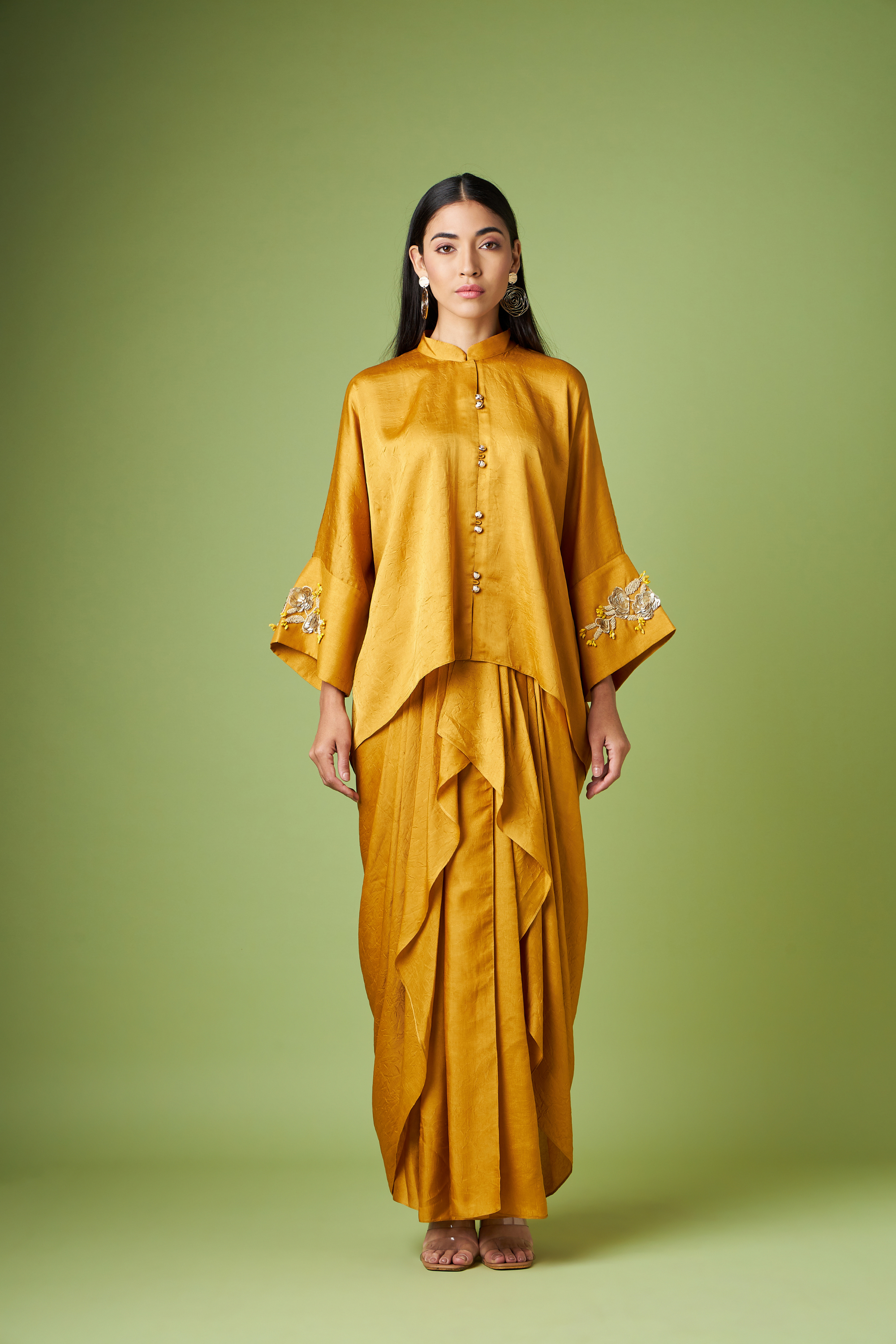 Mustard Kimono Kaftan Skirt Co-Ord Set With Rose Gold Cuff Embellishment