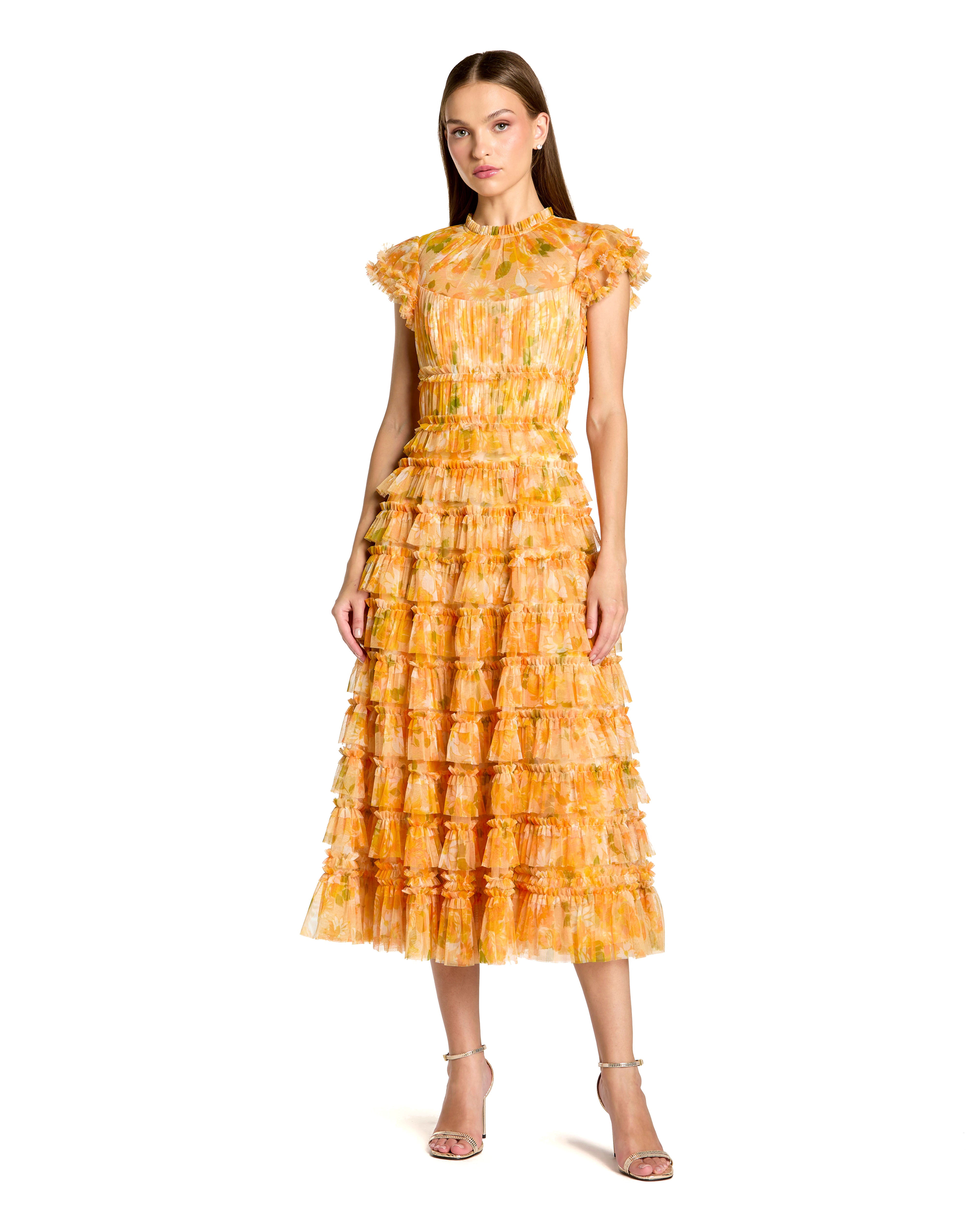 Yellow Ruffel Midi Dress With Short Sleeves