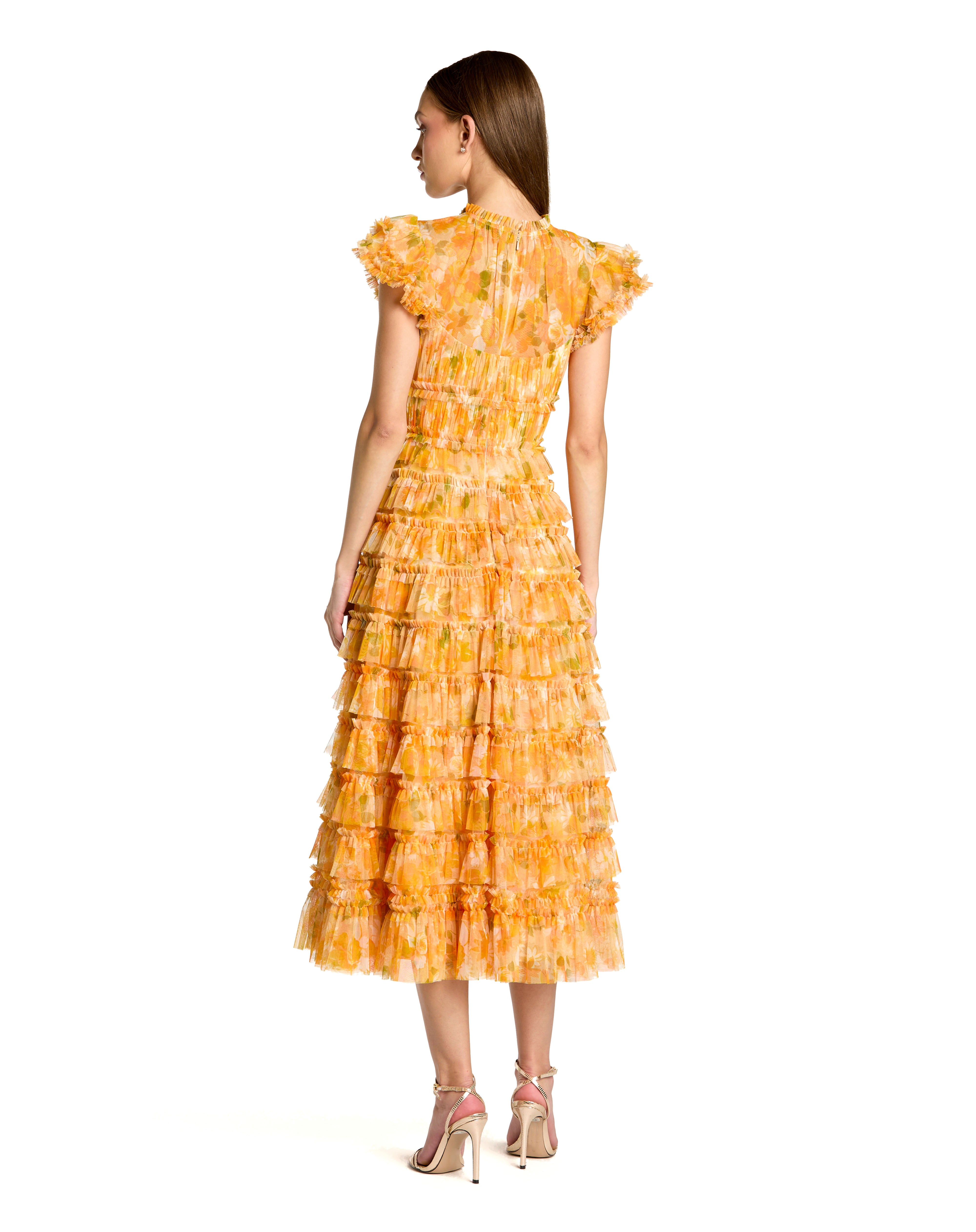 Yellow Ruffel Midi Dress With Short Sleeves