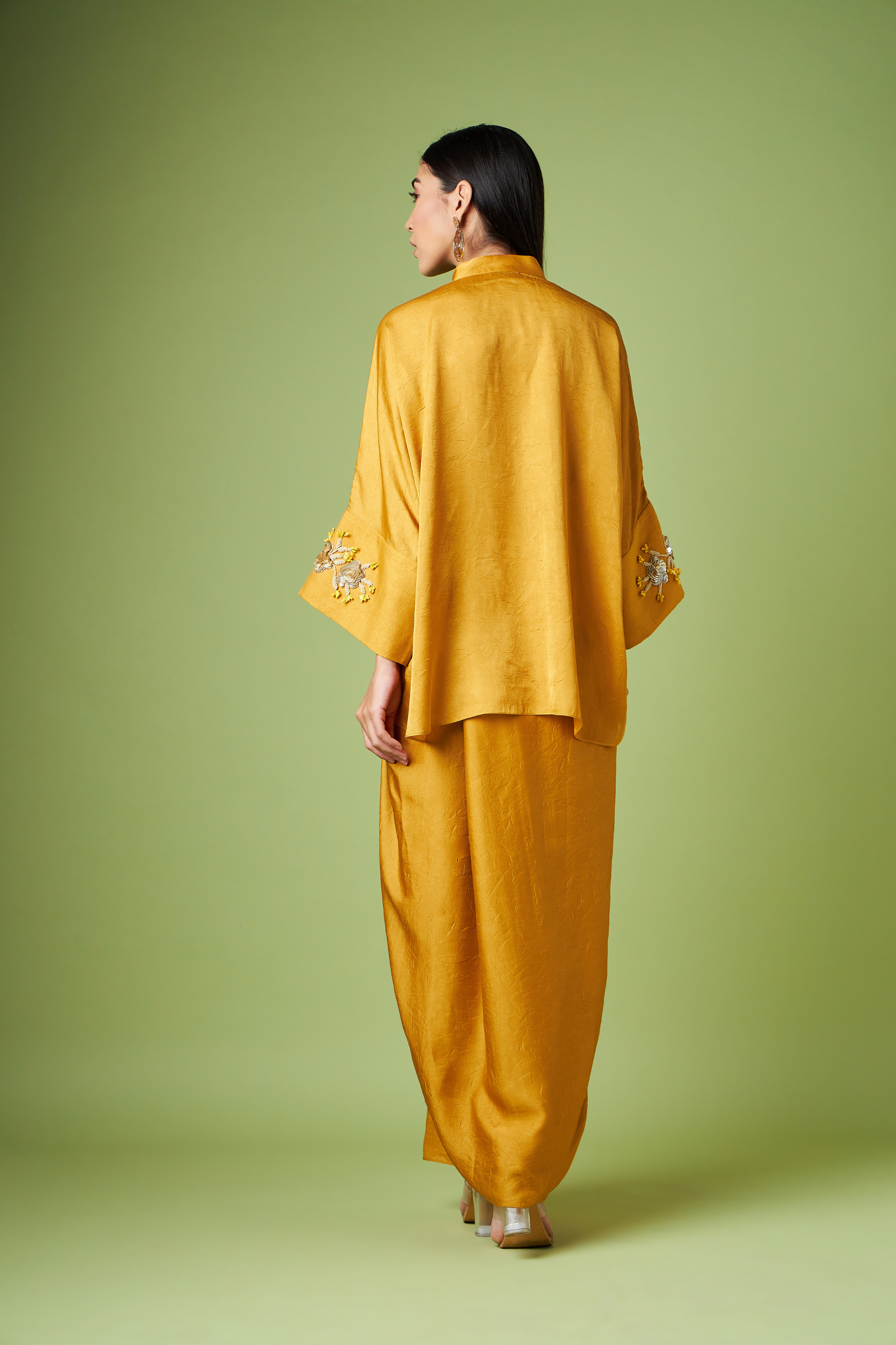 Mustard Kimono Kaftan Skirt Co-Ord Set With Rose Gold Cuff Embellishment