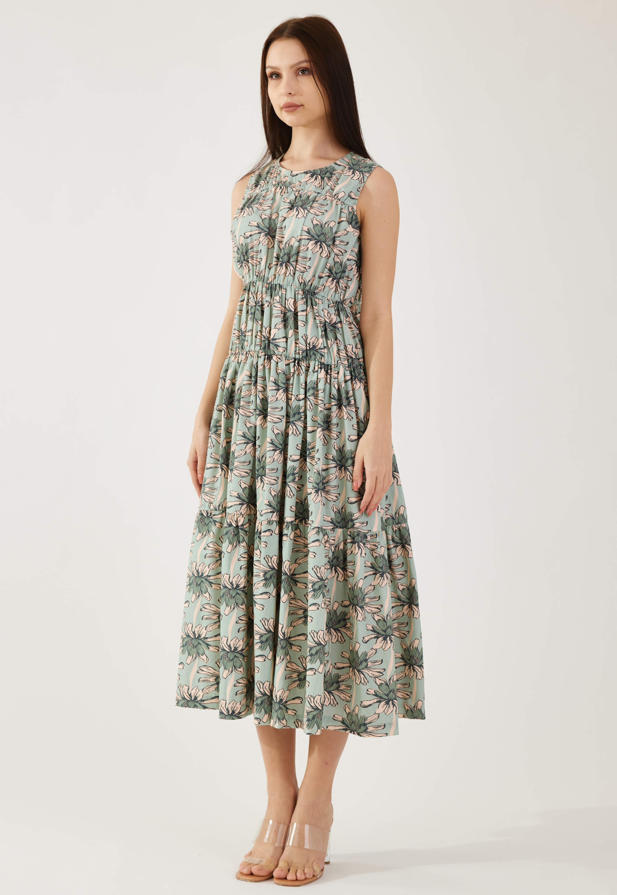 Olive and Green floral sleeveless midi dress