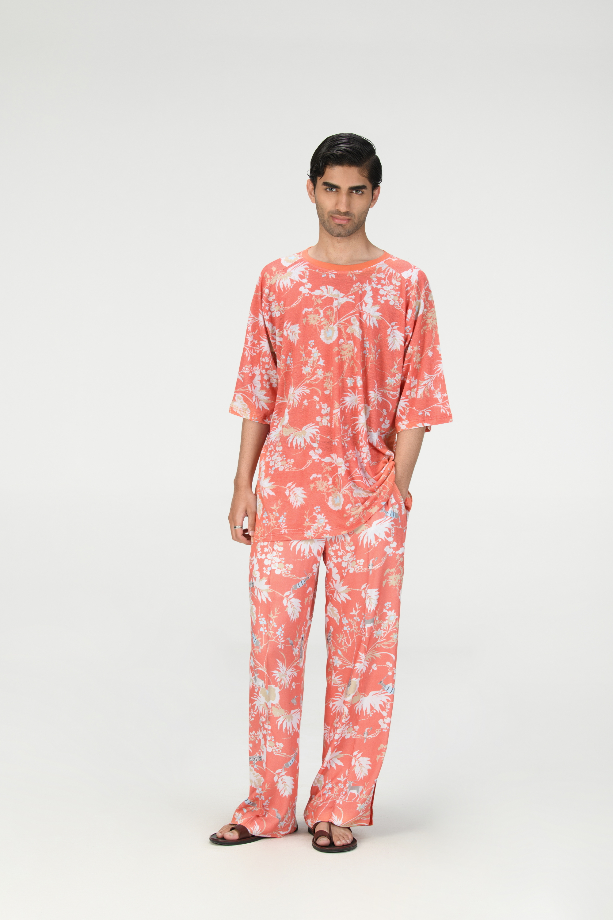 Rainforest Pyjama Pant Coral Cotton Silk Twill