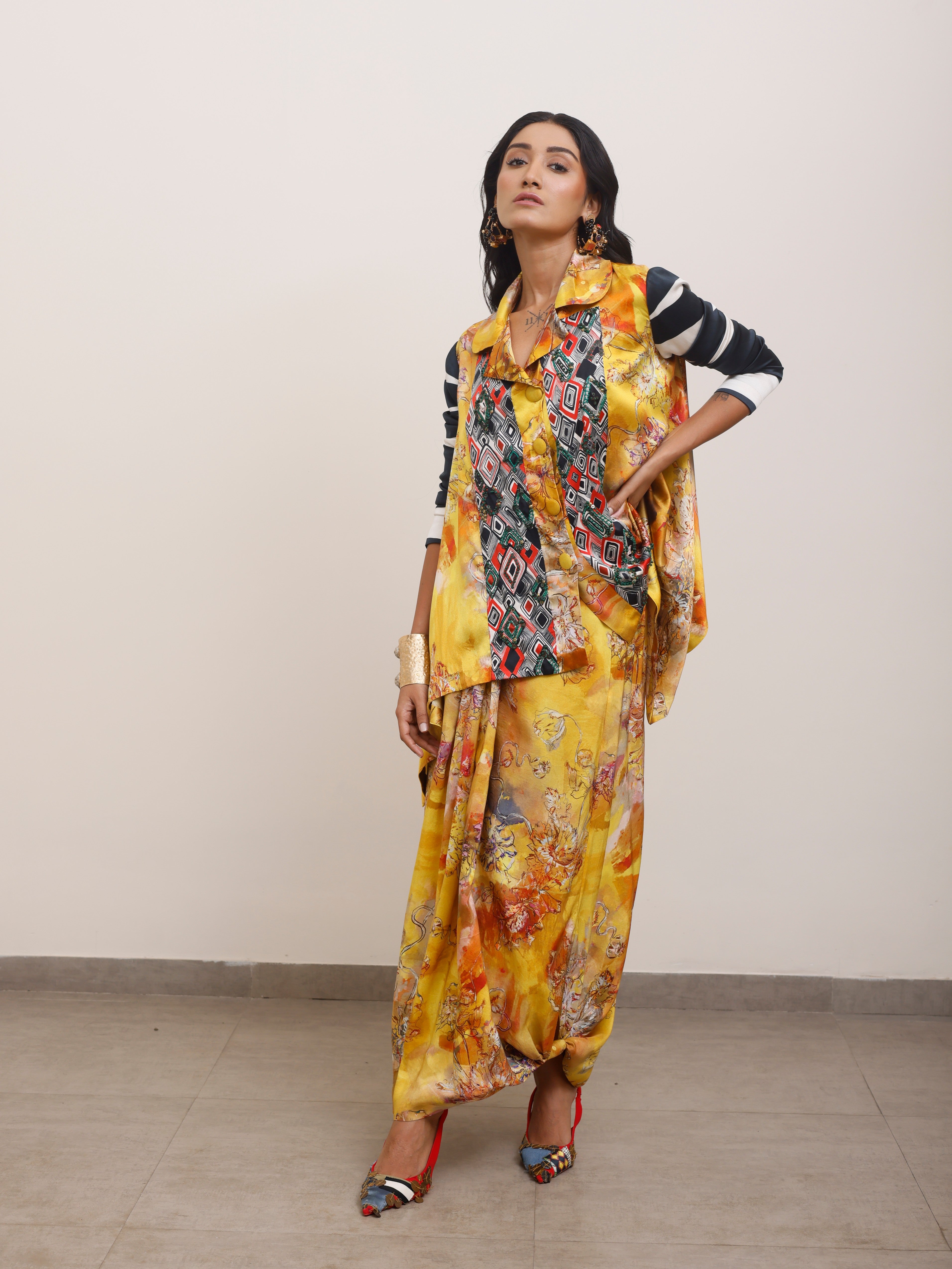 Silk Printed Top With Lungi Skirt