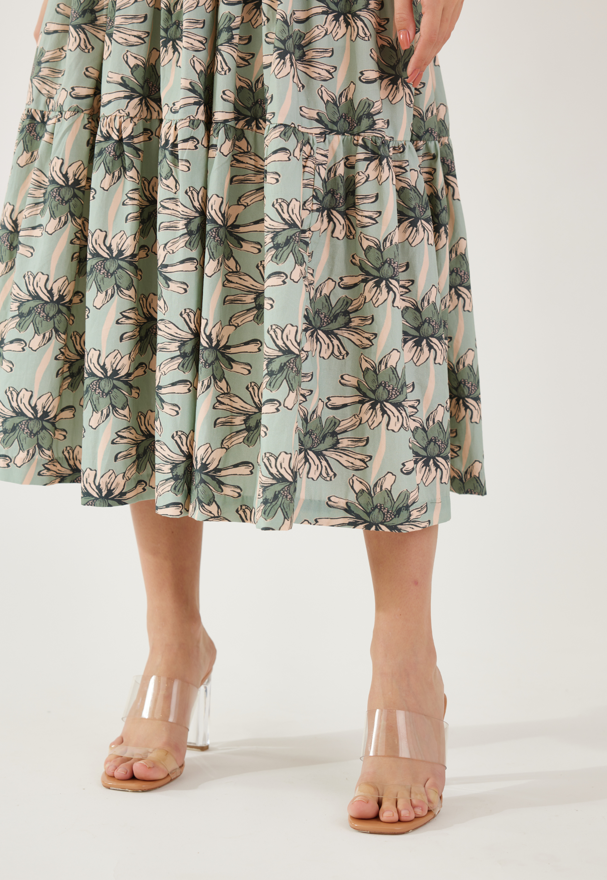 Olive and Green floral sleeveless midi dress