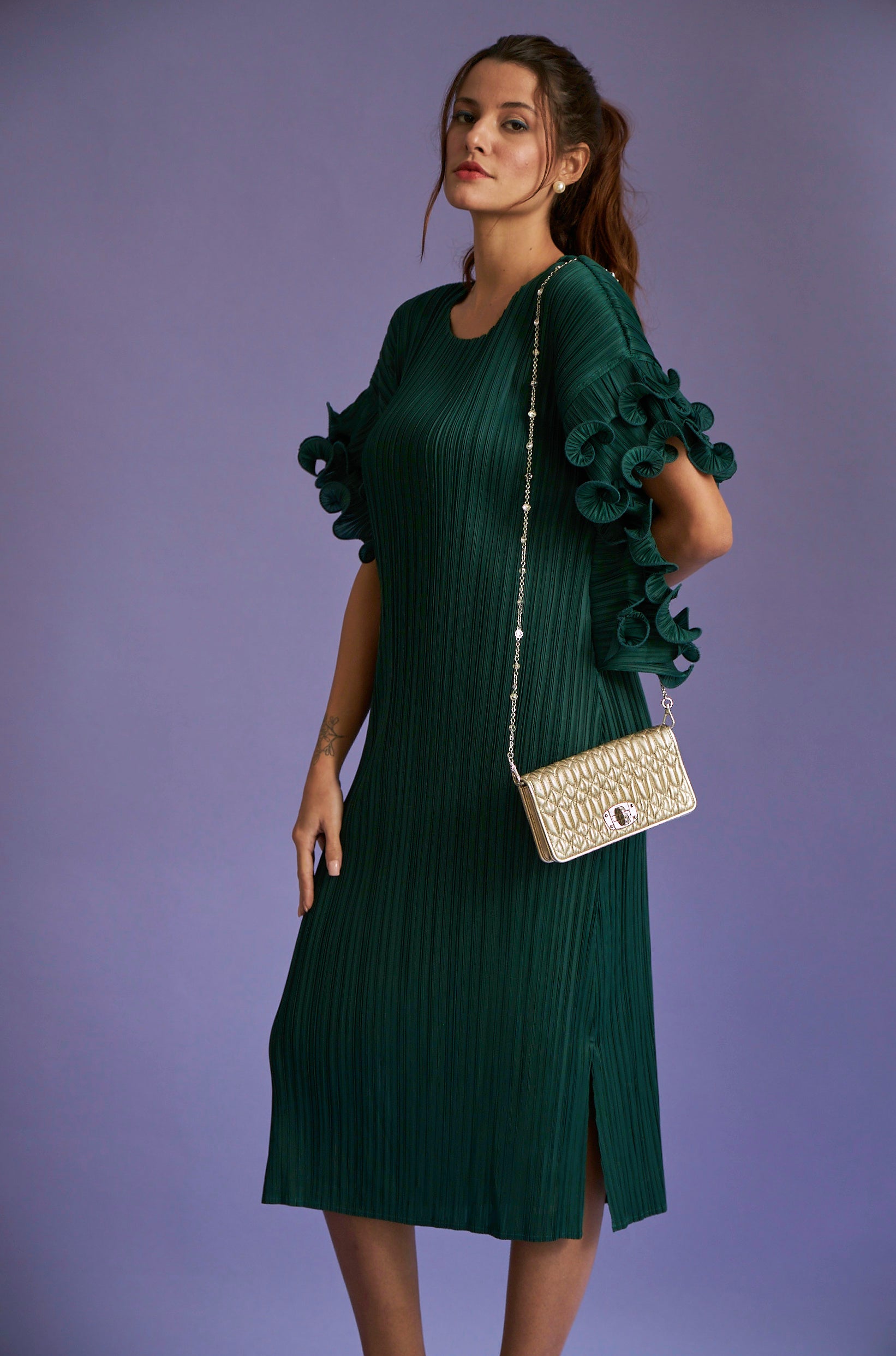 Rosalynn Ruffle Sleeved Dress - Green