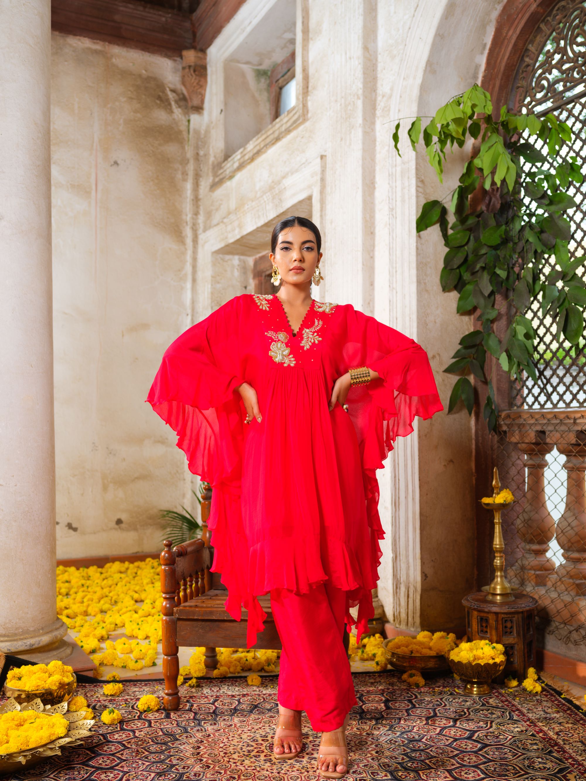 Red Ruffled Tunic Set