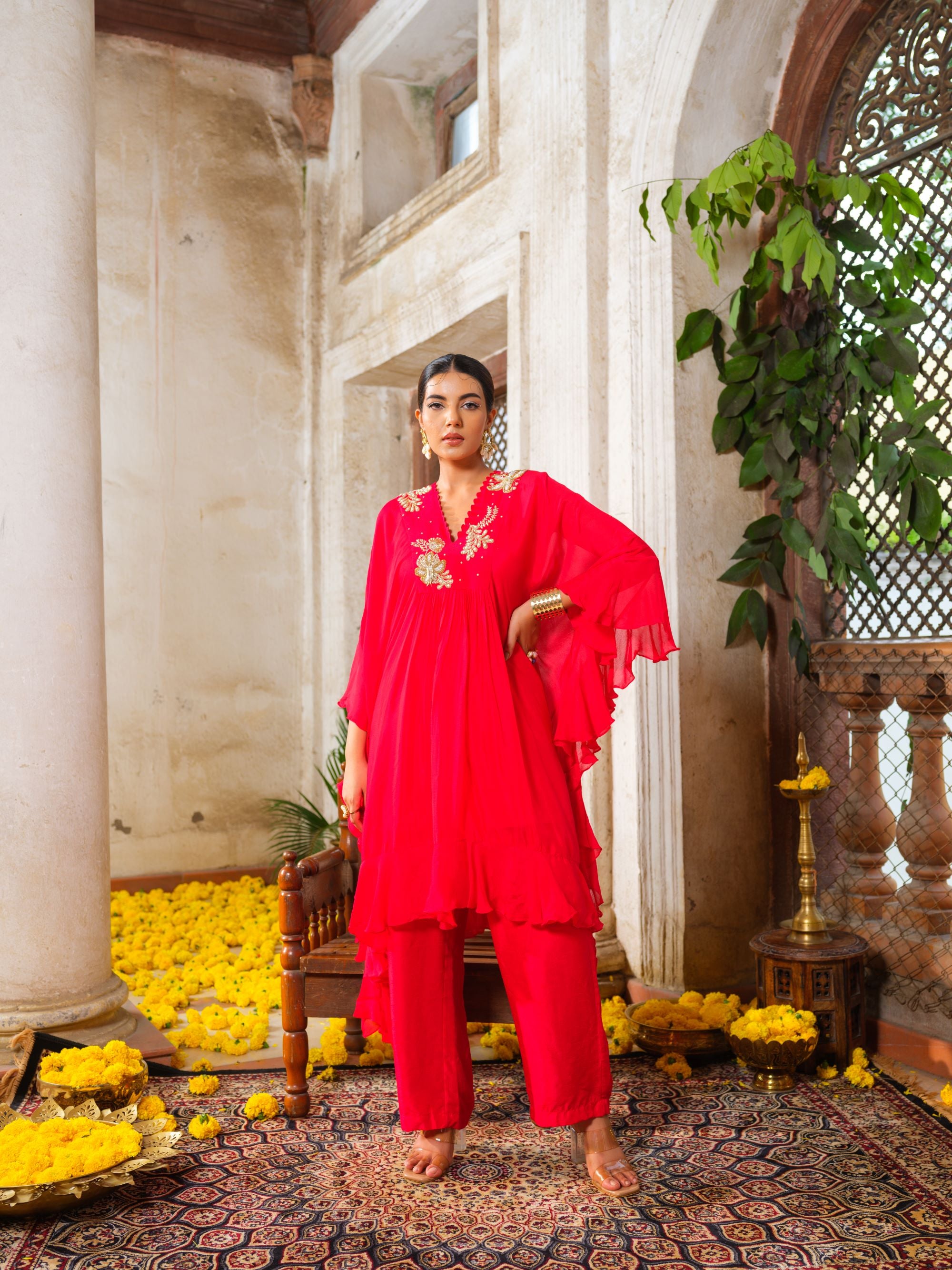 Red Ruffled Tunic Set